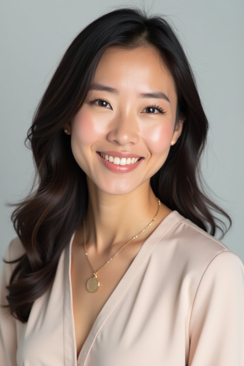 A professional life coach headshot of an inspiring woman, taken in a well-lit studio with a plain backdrop. The woman is dressed in a soft, professional blouse with natural makeup and a confident smile . The lighting is soft and even, highlighting their facial features with a warm and encouraging expression. The focus is sharp, capturing the woman's eyes and uplifting smile, creating a perfect headshot for coaching practices and professional profiles.