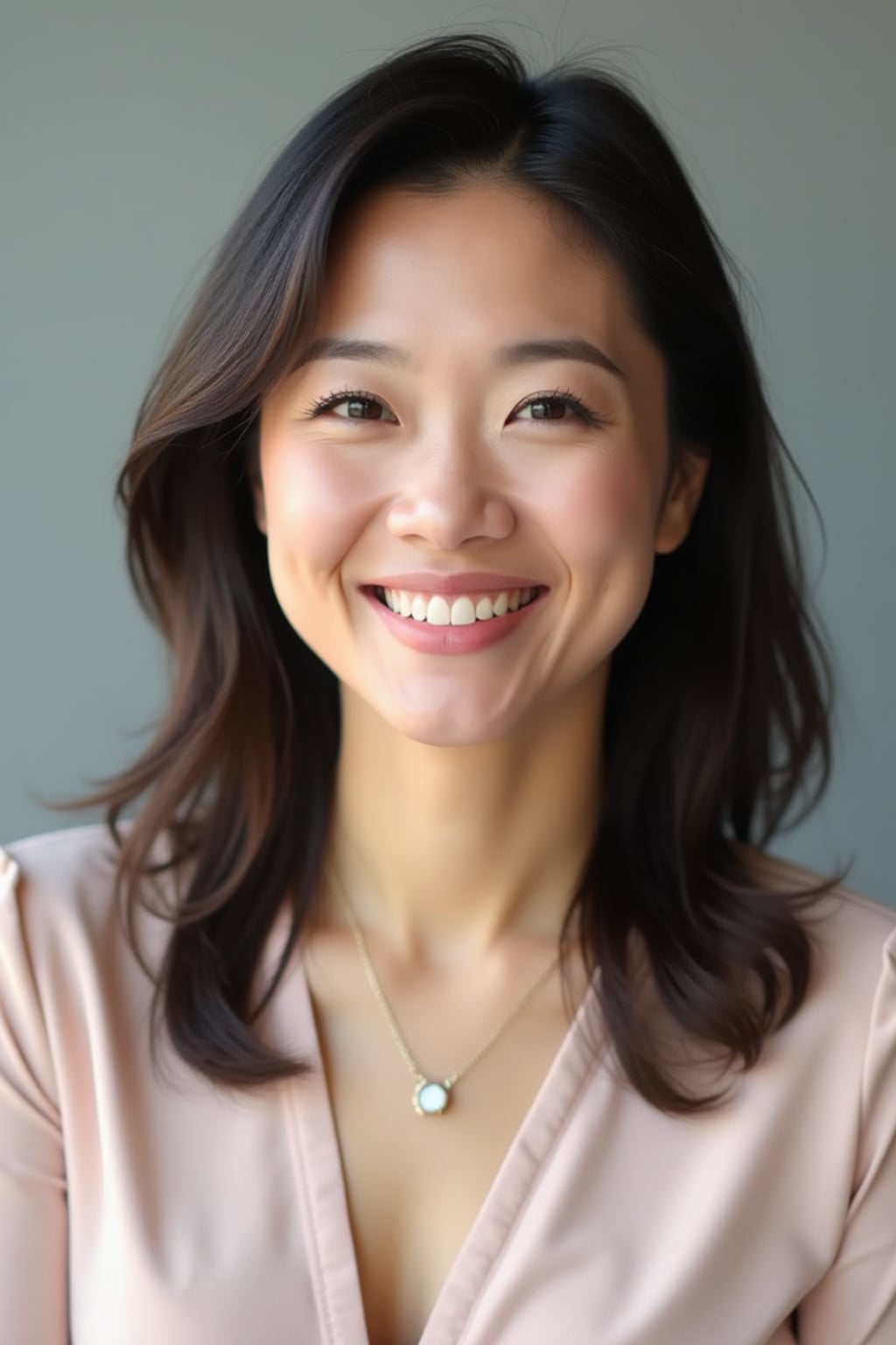 A professional life coach headshot of an inspiring woman, taken in a well-lit studio with a plain backdrop. The woman is dressed in a soft, professional blouse with natural makeup and a confident smile . The lighting is soft and even, highlighting their facial features with a warm and encouraging expression. The focus is sharp, capturing the woman's eyes and uplifting smile, creating a perfect headshot for coaching practices and professional profiles.