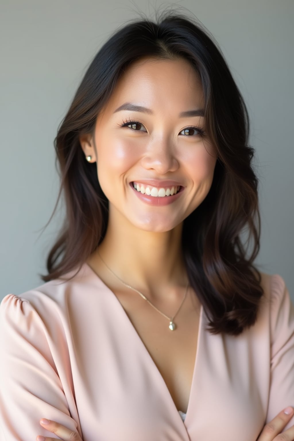 A professional life coach headshot of an inspiring woman, taken in a well-lit studio with a plain backdrop. The woman is dressed in a soft, professional blouse with natural makeup and a confident smile . The lighting is soft and even, highlighting their facial features with a warm and encouraging expression. The focus is sharp, capturing the woman's eyes and uplifting smile, creating a perfect headshot for coaching practices and professional profiles.