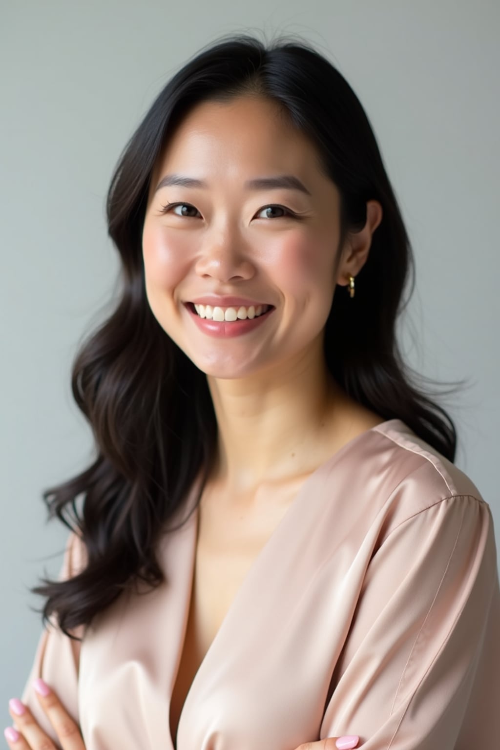 A professional life coach headshot of an inspiring woman, taken in a well-lit studio with a plain backdrop. The woman is dressed in a soft, professional blouse with natural makeup and a confident smile . The lighting is soft and even, highlighting their facial features with a warm and encouraging expression. The focus is sharp, capturing the woman's eyes and uplifting smile, creating a perfect headshot for coaching practices and professional profiles.