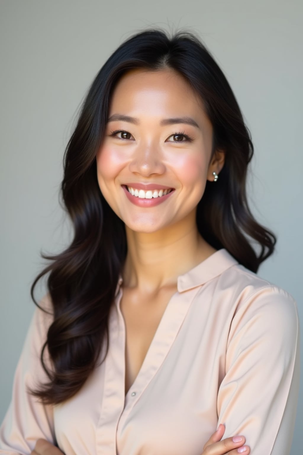 A professional life coach headshot of an inspiring woman, taken in a well-lit studio with a plain backdrop. The woman is dressed in a soft, professional blouse with natural makeup and a confident smile . The lighting is soft and even, highlighting their facial features with a warm and encouraging expression. The focus is sharp, capturing the woman's eyes and uplifting smile, creating a perfect headshot for coaching practices and professional profiles.