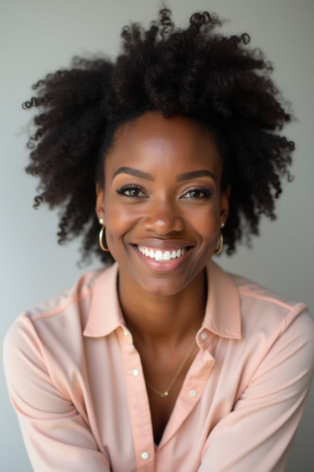 A professional life coach headshot of an inspiring woman, taken in a well-lit studio with a plain backdrop. The woman is dressed in a soft, professional blouse with natural makeup and a confident smile . The lighting is soft and even, highlighting their facial features with a warm and encouraging expression. The focus is sharp, capturing the woman's eyes and uplifting smile, creating a perfect headshot for coaching practices and professional profiles.