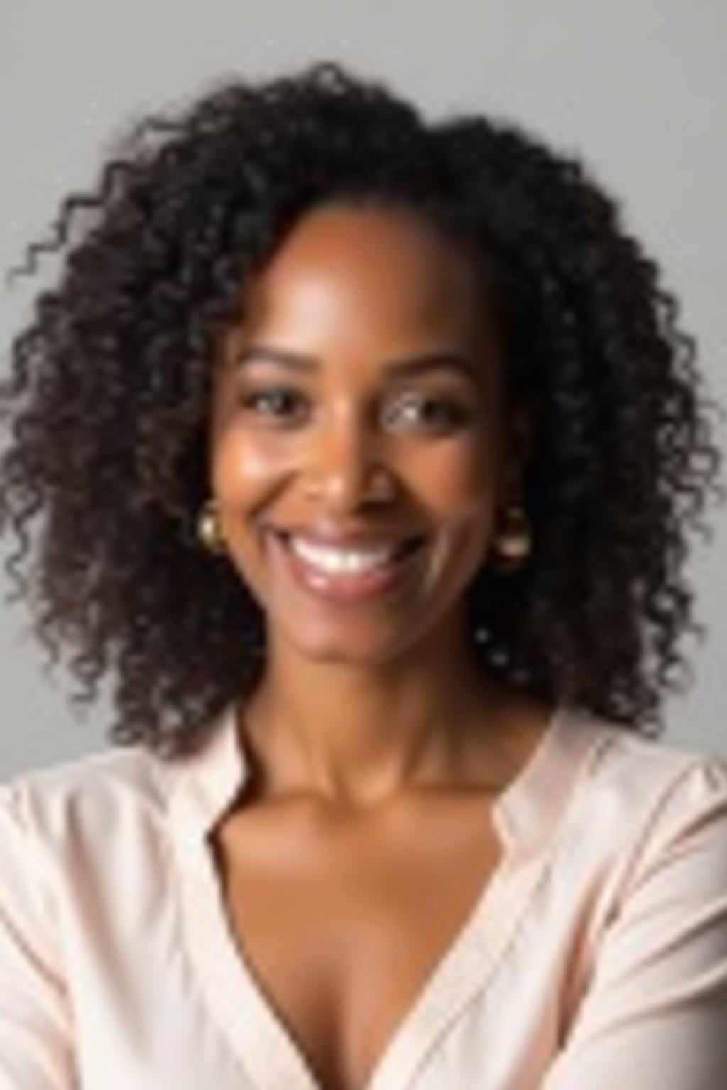 A professional life coach headshot of an inspiring woman, taken in a well-lit studio with a plain backdrop. The woman is dressed in a soft, professional blouse with natural makeup and a confident smile . The lighting is soft and even, highlighting their facial features with a warm and encouraging expression. The focus is sharp, capturing the woman's eyes and uplifting smile, creating a perfect headshot for coaching practices and professional profiles.