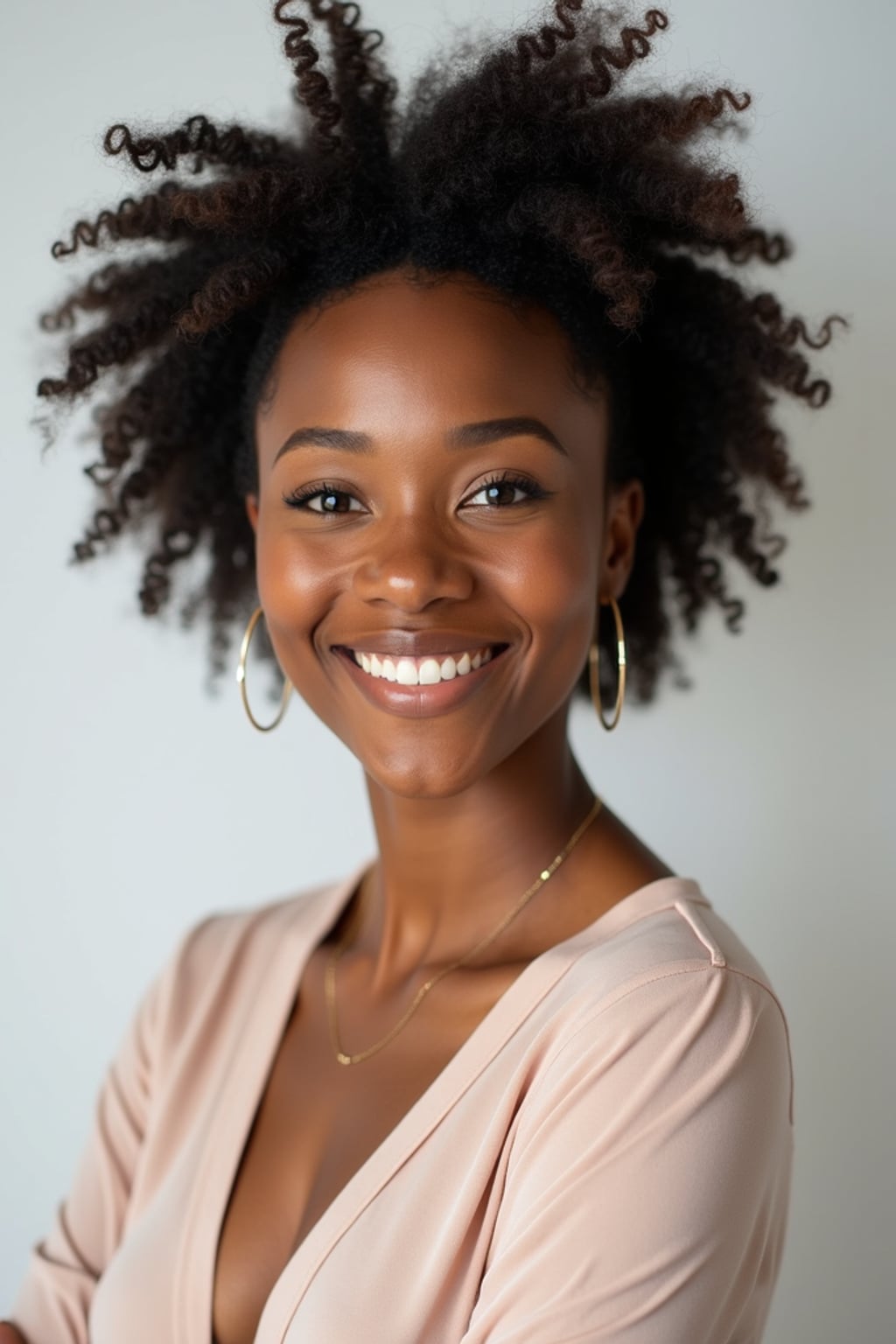 A professional life coach headshot of an inspiring woman, taken in a well-lit studio with a plain backdrop. The woman is dressed in a soft, professional blouse with natural makeup and a confident smile . The lighting is soft and even, highlighting their facial features with a warm and encouraging expression. The focus is sharp, capturing the woman's eyes and uplifting smile, creating a perfect headshot for coaching practices and professional profiles.