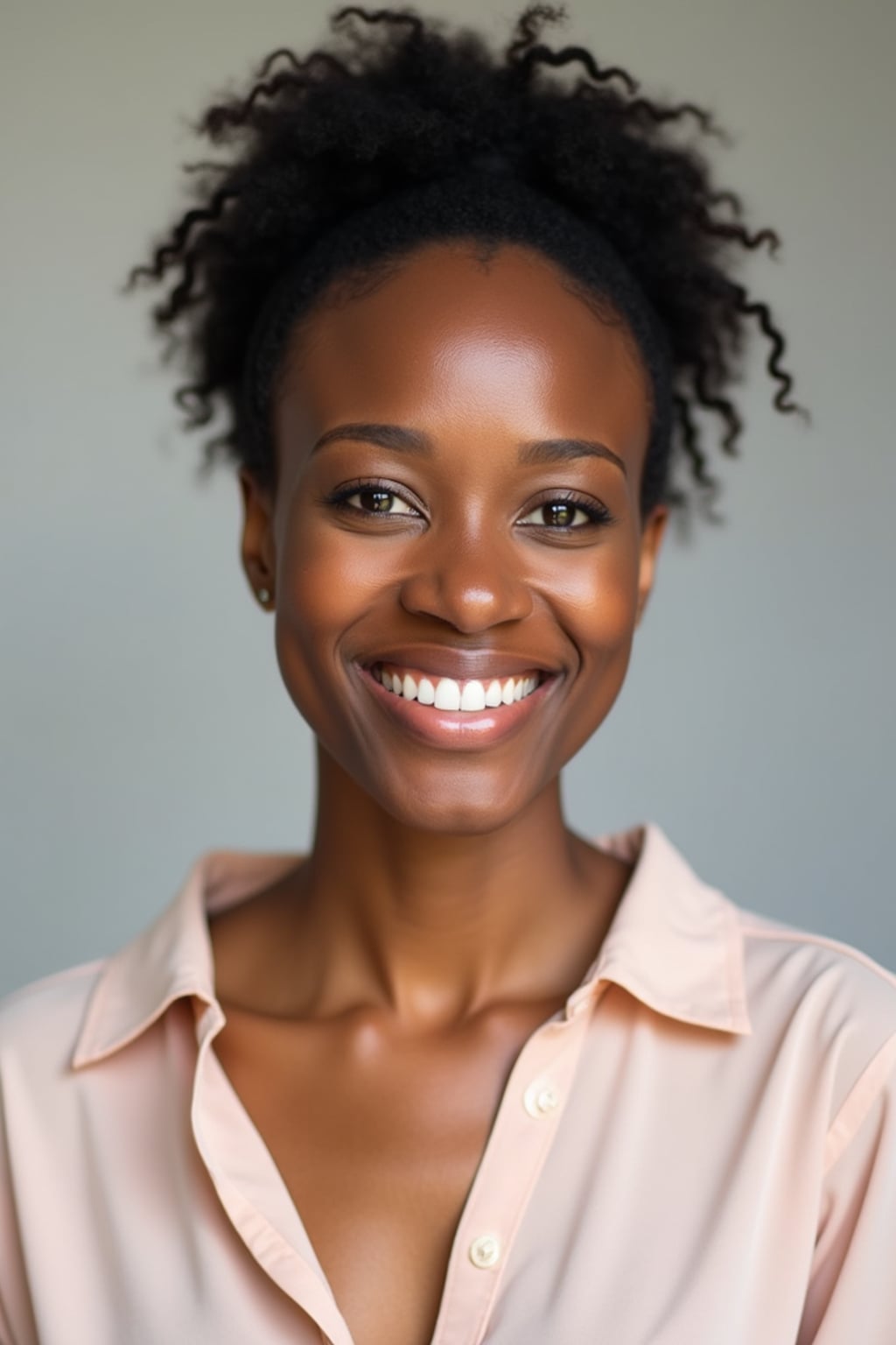 A professional life coach headshot of an inspiring woman, taken in a well-lit studio with a plain backdrop. The woman is dressed in a soft, professional blouse with natural makeup and a confident smile . The lighting is soft and even, highlighting their facial features with a warm and encouraging expression. The focus is sharp, capturing the woman's eyes and uplifting smile, creating a perfect headshot for coaching practices and professional profiles.
