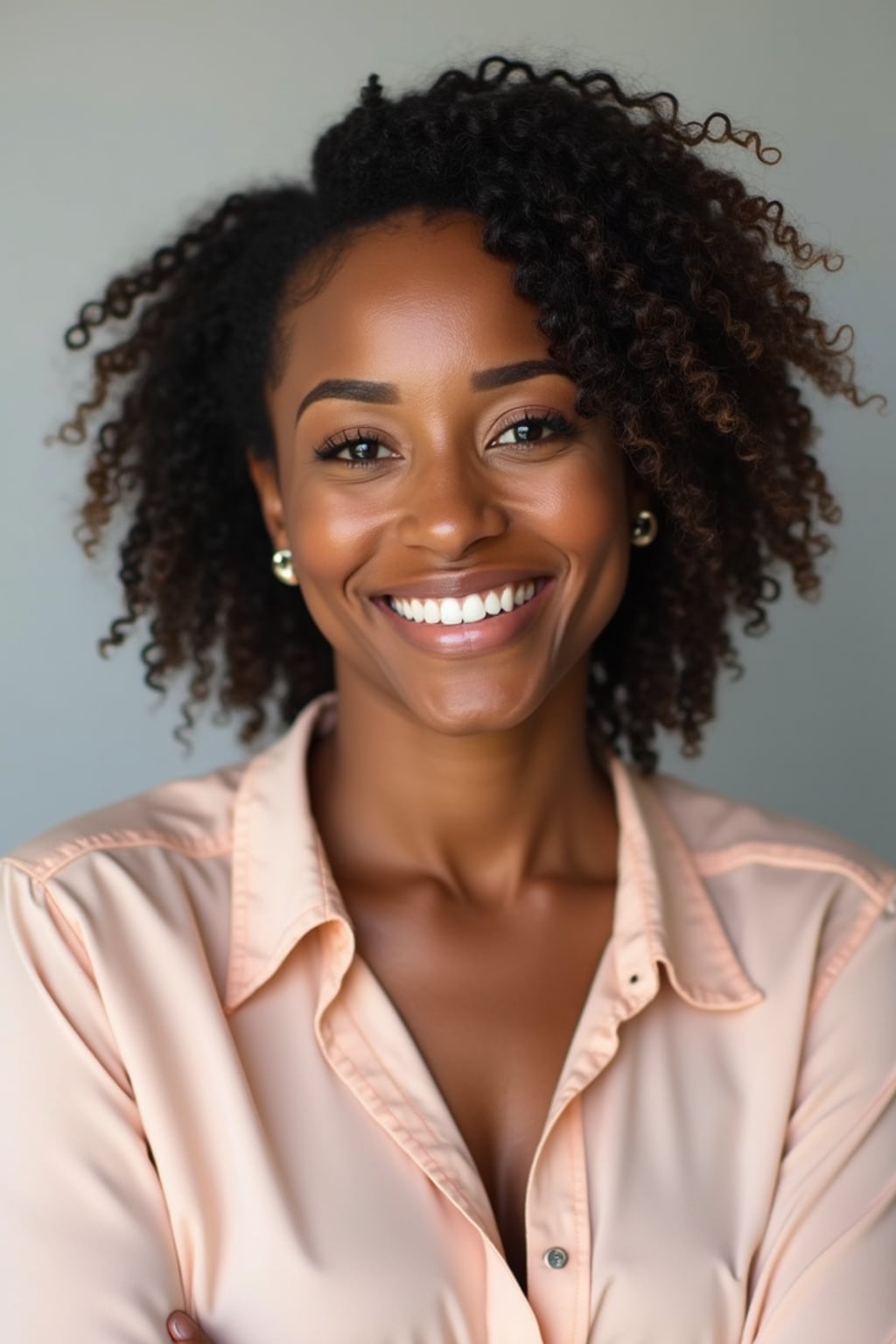 A professional life coach headshot of an inspiring woman, taken in a well-lit studio with a plain backdrop. The woman is dressed in a soft, professional blouse with natural makeup and a confident smile . The lighting is soft and even, highlighting their facial features with a warm and encouraging expression. The focus is sharp, capturing the woman's eyes and uplifting smile, creating a perfect headshot for coaching practices and professional profiles.