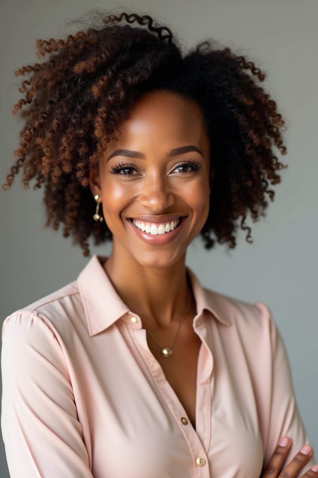 A professional life coach headshot of an inspiring woman, taken in a well-lit studio with a plain backdrop. The woman is dressed in a soft, professional blouse with natural makeup and a confident smile . The lighting is soft and even, highlighting their facial features with a warm and encouraging expression. The focus is sharp, capturing the woman's eyes and uplifting smile, creating a perfect headshot for coaching practices and professional profiles.