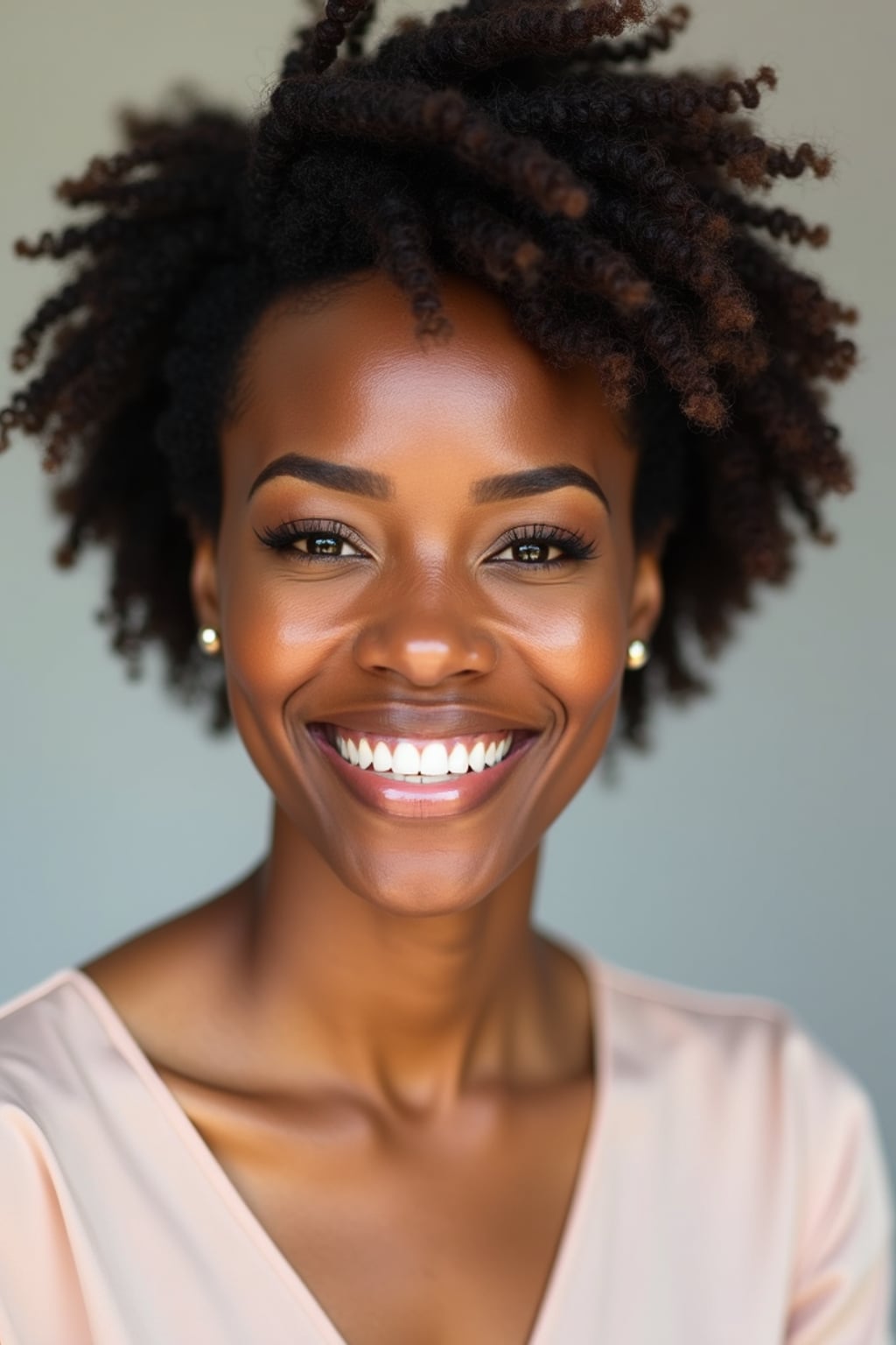 A professional life coach headshot of an inspiring woman, taken in a well-lit studio with a plain backdrop. The woman is dressed in a soft, professional blouse with natural makeup and a confident smile . The lighting is soft and even, highlighting their facial features with a warm and encouraging expression. The focus is sharp, capturing the woman's eyes and uplifting smile, creating a perfect headshot for coaching practices and professional profiles.