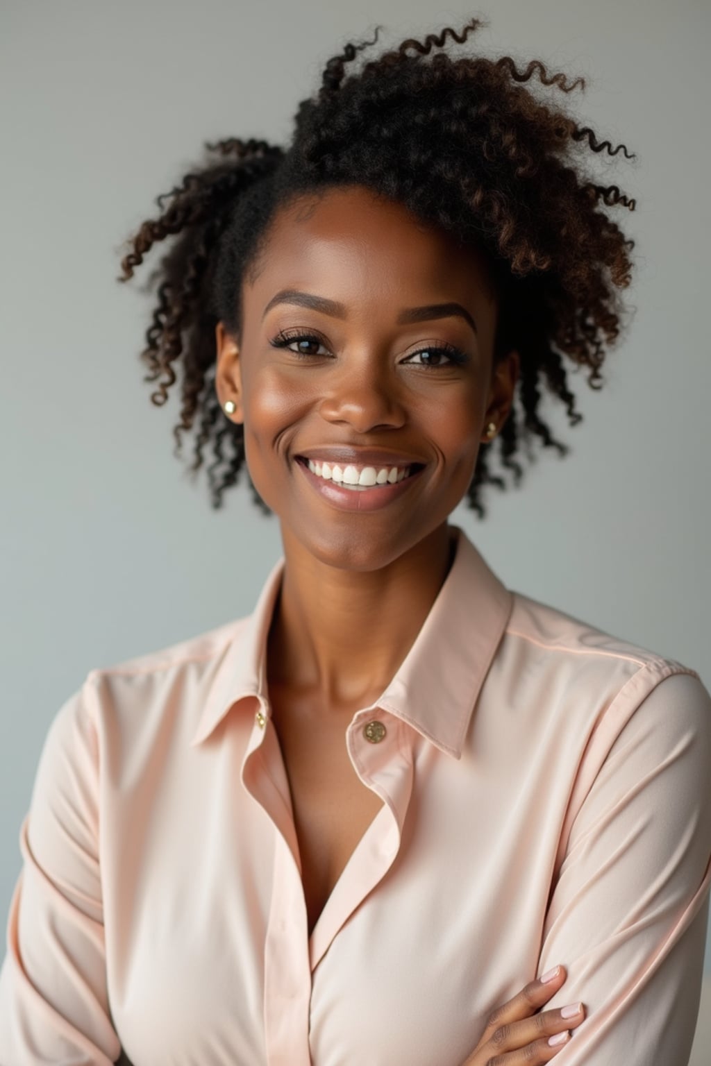 A professional life coach headshot of an inspiring woman, taken in a well-lit studio with a plain backdrop. The woman is dressed in a soft, professional blouse with natural makeup and a confident smile . The lighting is soft and even, highlighting their facial features with a warm and encouraging expression. The focus is sharp, capturing the woman's eyes and uplifting smile, creating a perfect headshot for coaching practices and professional profiles.
