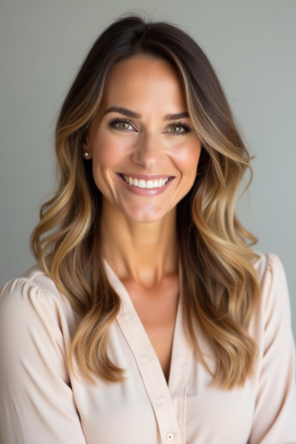 A professional life coach headshot of an inspiring woman, taken in a well-lit studio with a plain backdrop. The woman is dressed in a soft, professional blouse with natural makeup and a confident smile . The lighting is soft and even, highlighting their facial features with a warm and encouraging expression. The focus is sharp, capturing the woman's eyes and uplifting smile, creating a perfect headshot for coaching practices and professional profiles.