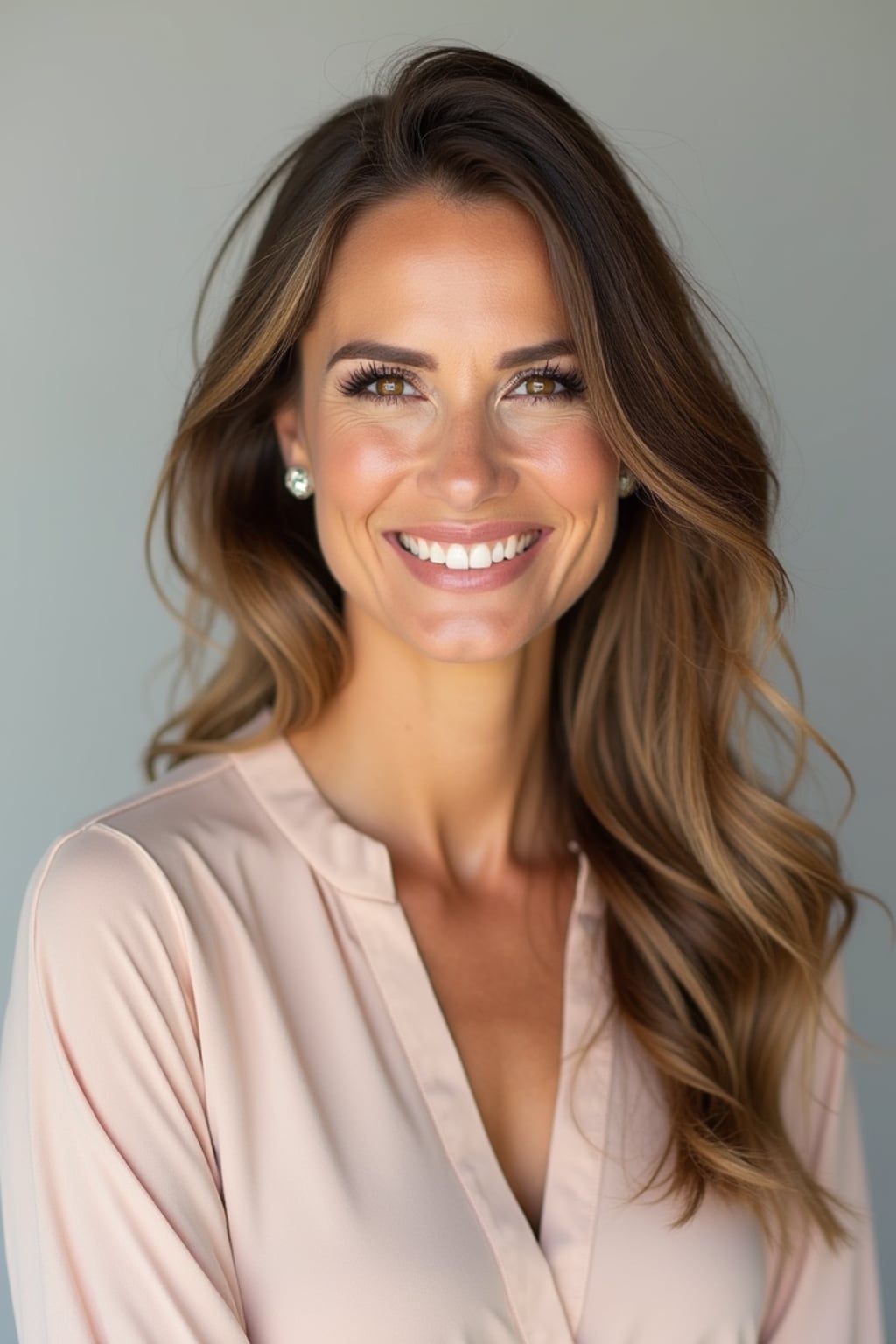 A professional life coach headshot of an inspiring woman, taken in a well-lit studio with a plain backdrop. The woman is dressed in a soft, professional blouse with natural makeup and a confident smile . The lighting is soft and even, highlighting their facial features with a warm and encouraging expression. The focus is sharp, capturing the woman's eyes and uplifting smile, creating a perfect headshot for coaching practices and professional profiles.