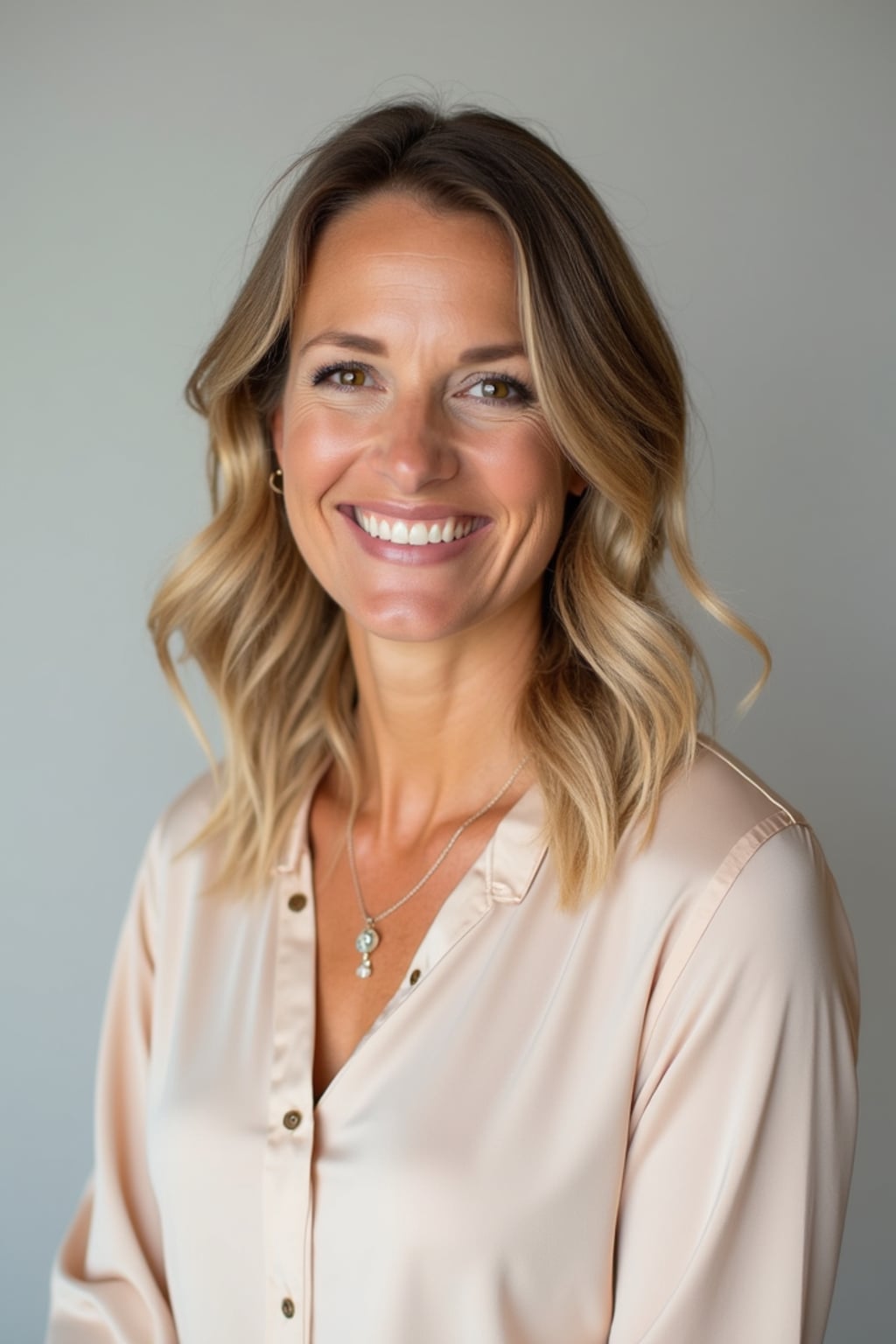 A professional life coach headshot of an inspiring woman, taken in a well-lit studio with a plain backdrop. The woman is dressed in a soft, professional blouse with natural makeup and a confident smile . The lighting is soft and even, highlighting their facial features with a warm and encouraging expression. The focus is sharp, capturing the woman's eyes and uplifting smile, creating a perfect headshot for coaching practices and professional profiles.