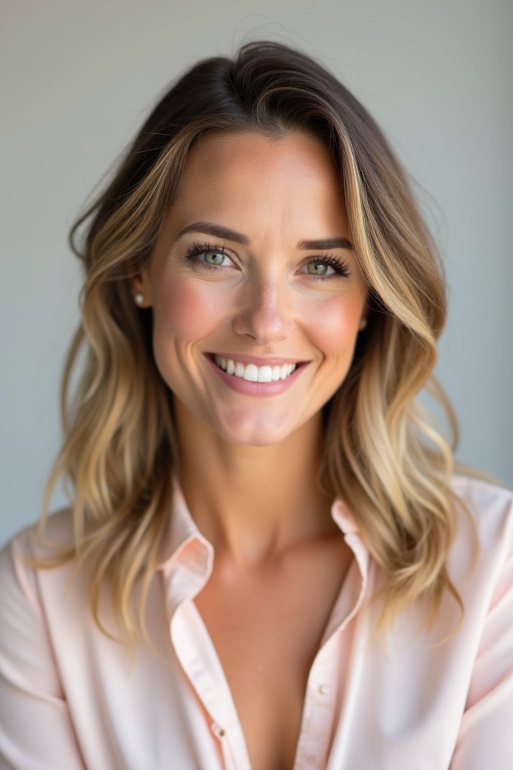 A professional life coach headshot of an inspiring woman, taken in a well-lit studio with a plain backdrop. The woman is dressed in a soft, professional blouse with natural makeup and a confident smile . The lighting is soft and even, highlighting their facial features with a warm and encouraging expression. The focus is sharp, capturing the woman's eyes and uplifting smile, creating a perfect headshot for coaching practices and professional profiles.