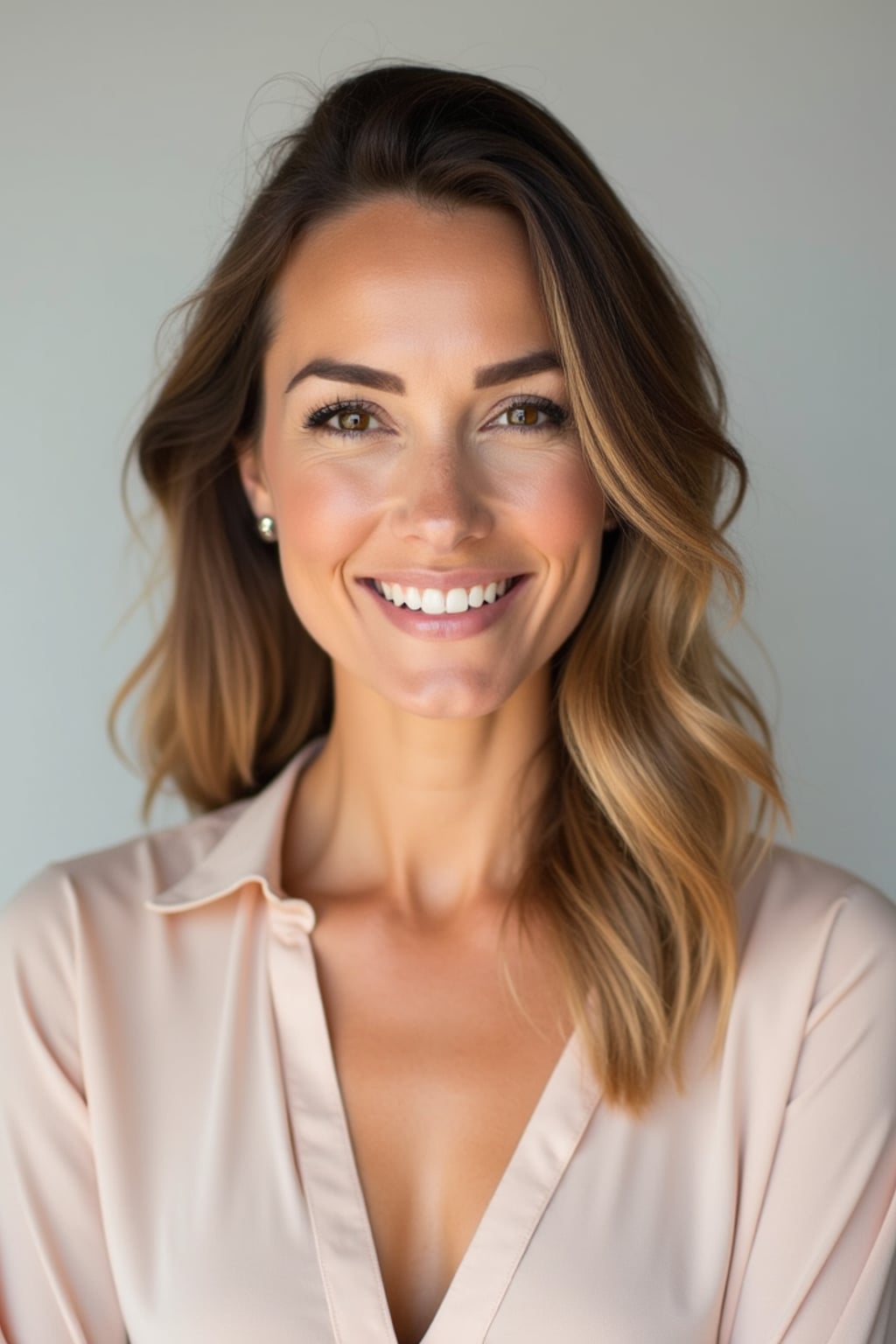 A professional life coach headshot of an inspiring woman, taken in a well-lit studio with a plain backdrop. The woman is dressed in a soft, professional blouse with natural makeup and a confident smile . The lighting is soft and even, highlighting their facial features with a warm and encouraging expression. The focus is sharp, capturing the woman's eyes and uplifting smile, creating a perfect headshot for coaching practices and professional profiles.
