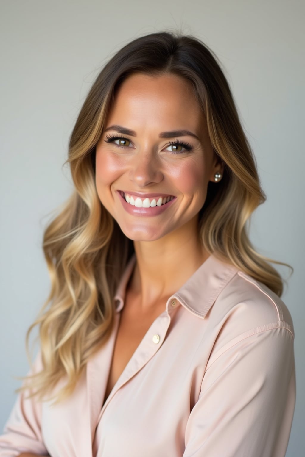 A professional life coach headshot of an inspiring woman, taken in a well-lit studio with a plain backdrop. The woman is dressed in a soft, professional blouse with natural makeup and a confident smile . The lighting is soft and even, highlighting their facial features with a warm and encouraging expression. The focus is sharp, capturing the woman's eyes and uplifting smile, creating a perfect headshot for coaching practices and professional profiles.