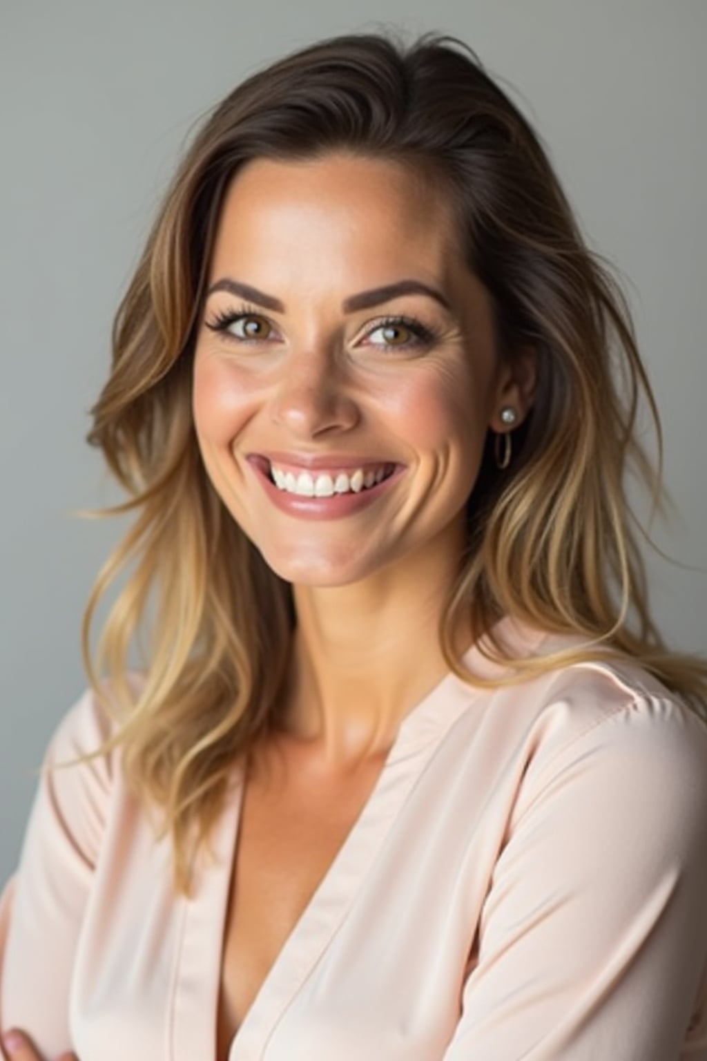 A professional life coach headshot of an inspiring woman, taken in a well-lit studio with a plain backdrop. The woman is dressed in a soft, professional blouse with natural makeup and a confident smile . The lighting is soft and even, highlighting their facial features with a warm and encouraging expression. The focus is sharp, capturing the woman's eyes and uplifting smile, creating a perfect headshot for coaching practices and professional profiles.