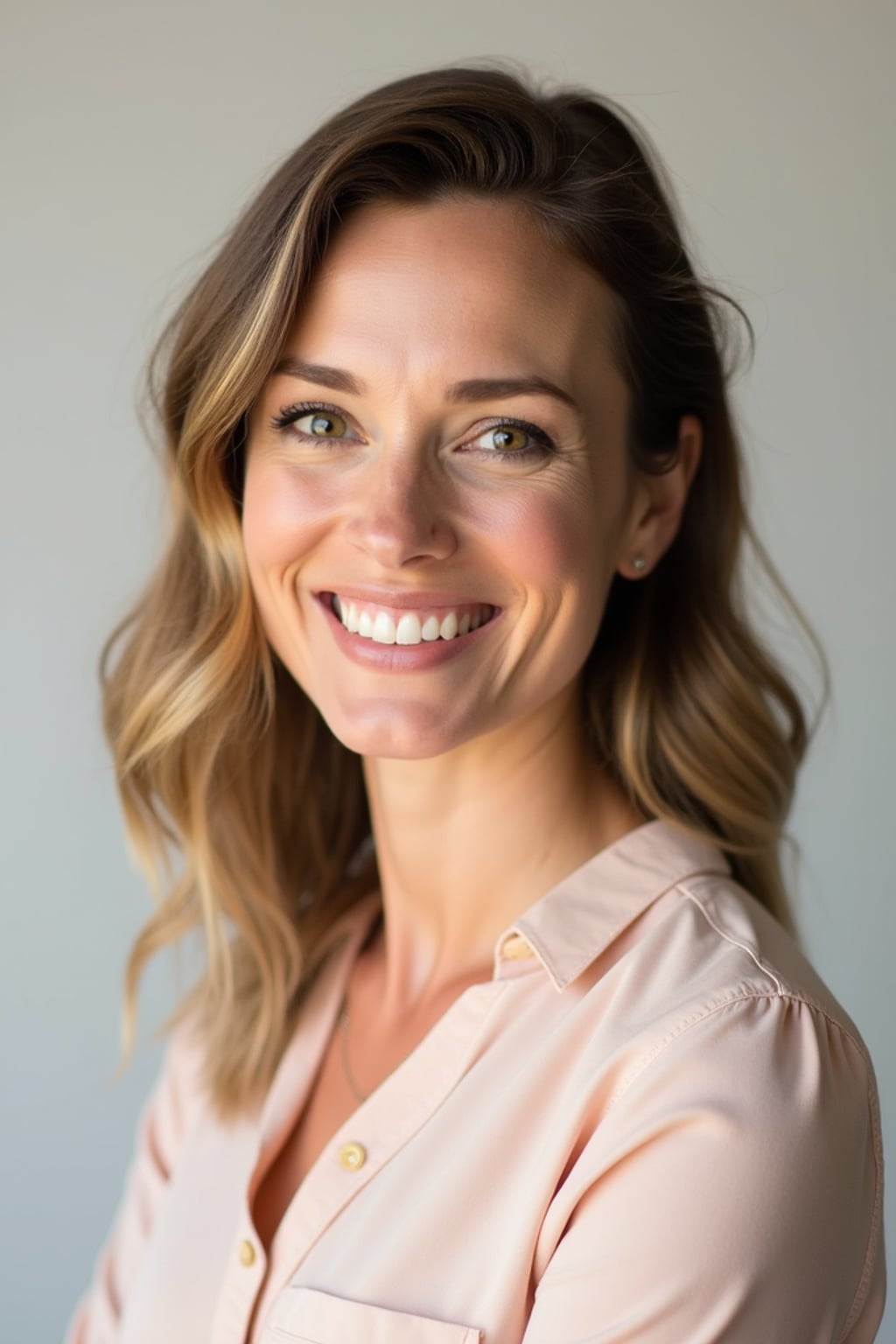 A professional life coach headshot of an inspiring woman, taken in a well-lit studio with a plain backdrop. The woman is dressed in a soft, professional blouse with natural makeup and a confident smile . The lighting is soft and even, highlighting their facial features with a warm and encouraging expression. The focus is sharp, capturing the woman's eyes and uplifting smile, creating a perfect headshot for coaching practices and professional profiles.
