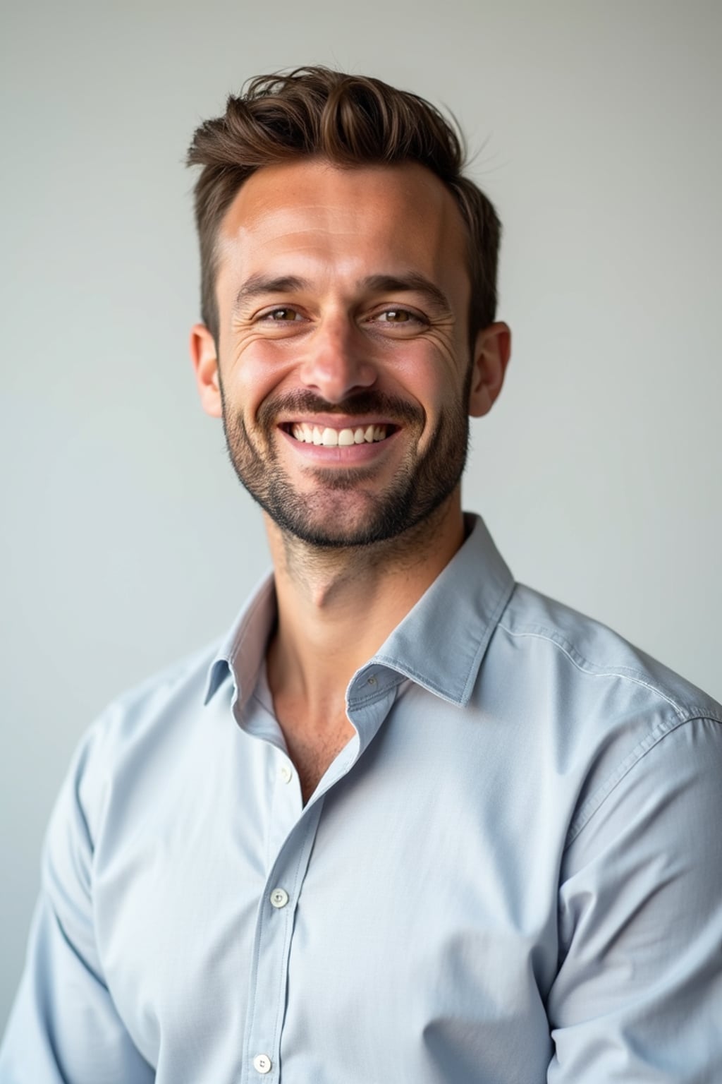 A professional life coach headshot of an inspiring man, taken in a well-lit studio with a plain backdrop. The man is dressed in  a neat, light-colored shirt with a motivational expression. The lighting is soft and even, highlighting their facial features with a warm and encouraging expression. The focus is sharp, capturing the man's eyes and uplifting smile, creating a perfect headshot for coaching practices and professional profiles.