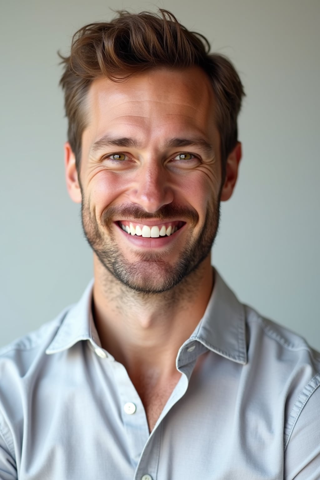 A professional life coach headshot of an inspiring man, taken in a well-lit studio with a plain backdrop. The man is dressed in  a neat, light-colored shirt with a motivational expression. The lighting is soft and even, highlighting their facial features with a warm and encouraging expression. The focus is sharp, capturing the man's eyes and uplifting smile, creating a perfect headshot for coaching practices and professional profiles.
