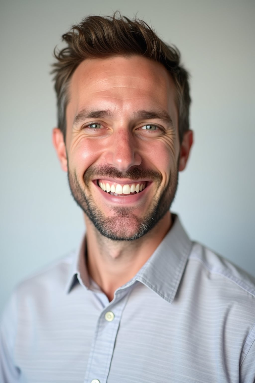 A professional life coach headshot of an inspiring man, taken in a well-lit studio with a plain backdrop. The man is dressed in  a neat, light-colored shirt with a motivational expression. The lighting is soft and even, highlighting their facial features with a warm and encouraging expression. The focus is sharp, capturing the man's eyes and uplifting smile, creating a perfect headshot for coaching practices and professional profiles.