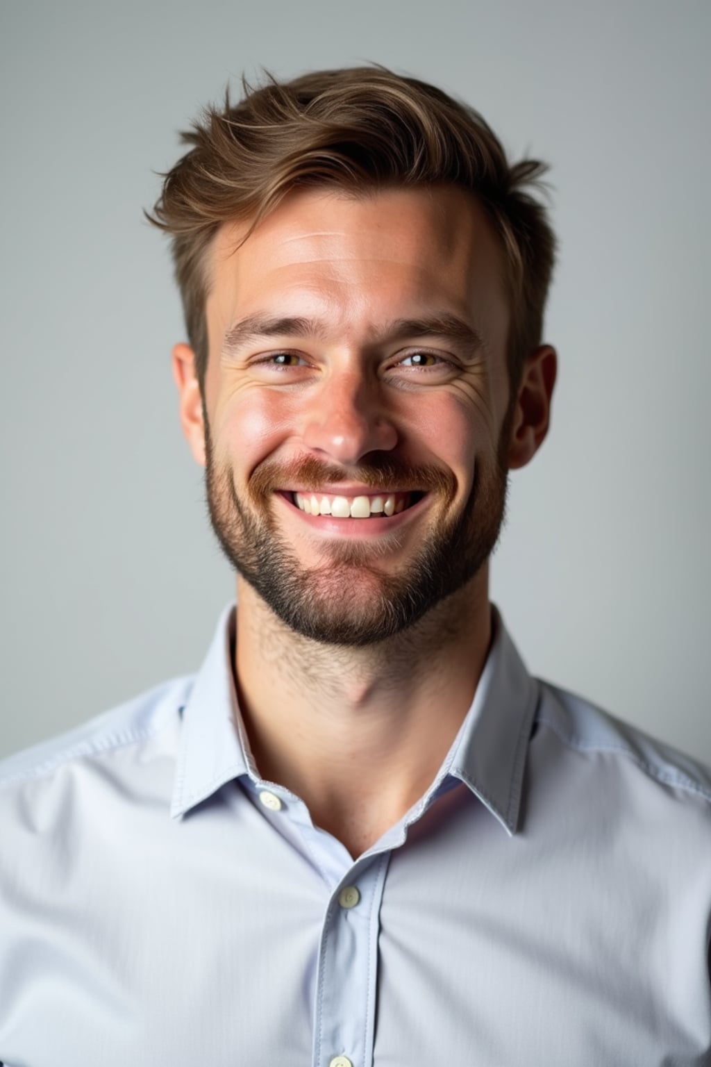 A professional life coach headshot of an inspiring man, taken in a well-lit studio with a plain backdrop. The man is dressed in  a neat, light-colored shirt with a motivational expression. The lighting is soft and even, highlighting their facial features with a warm and encouraging expression. The focus is sharp, capturing the man's eyes and uplifting smile, creating a perfect headshot for coaching practices and professional profiles.