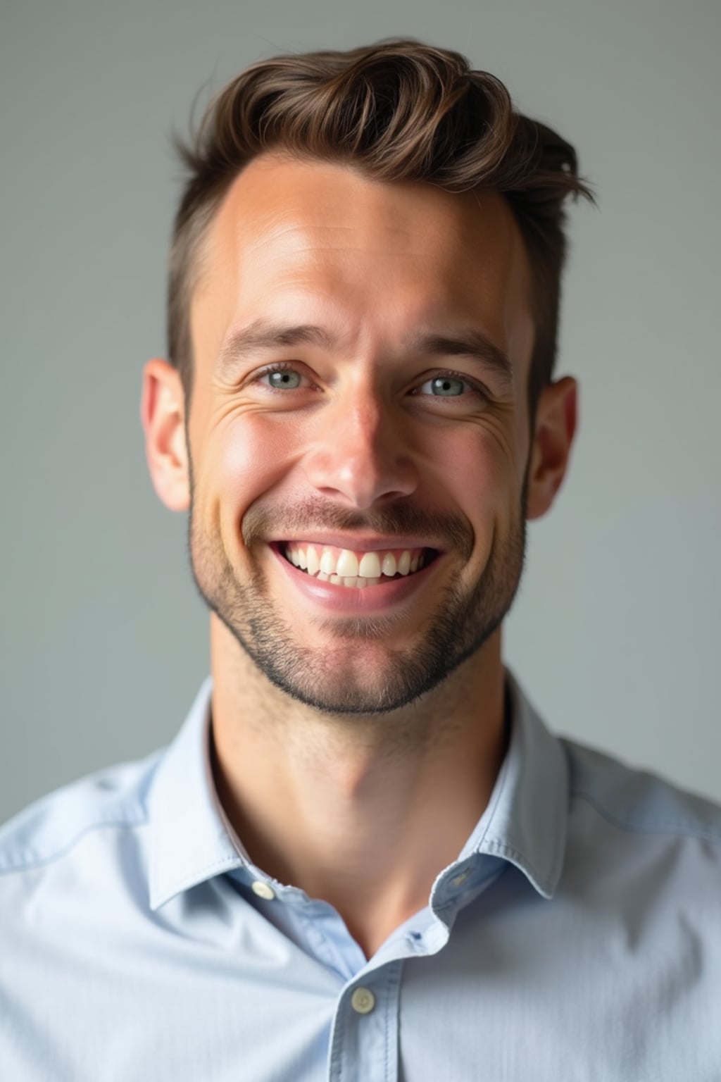 A professional life coach headshot of an inspiring man, taken in a well-lit studio with a plain backdrop. The man is dressed in  a neat, light-colored shirt with a motivational expression. The lighting is soft and even, highlighting their facial features with a warm and encouraging expression. The focus is sharp, capturing the man's eyes and uplifting smile, creating a perfect headshot for coaching practices and professional profiles.