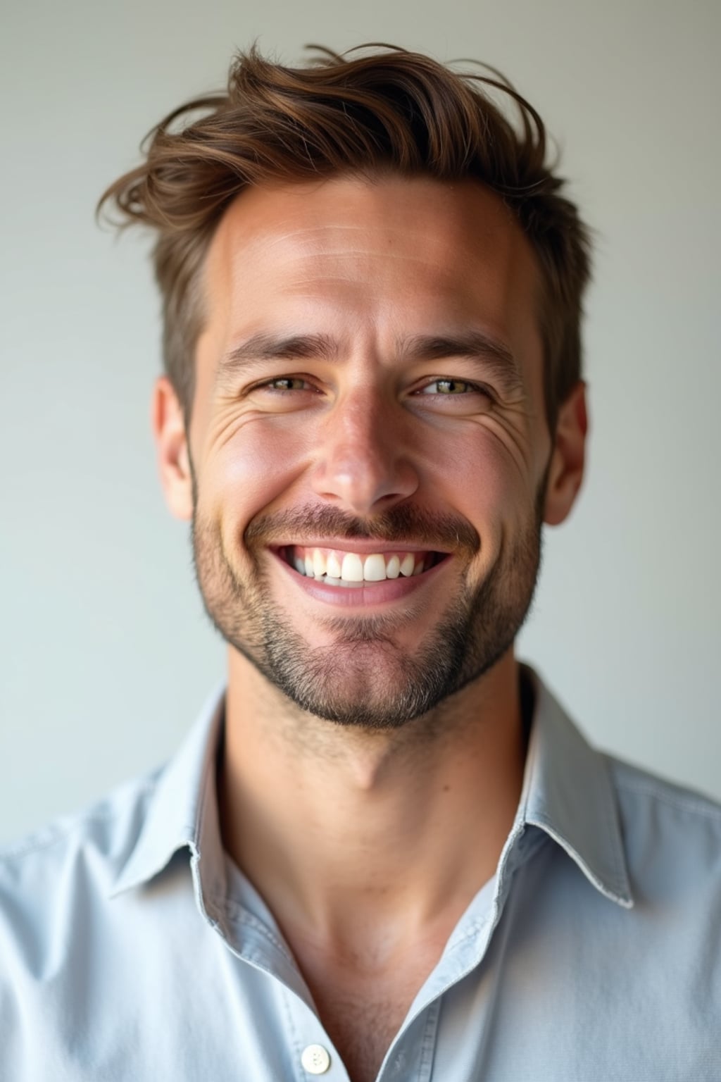 A professional life coach headshot of an inspiring man, taken in a well-lit studio with a plain backdrop. The man is dressed in  a neat, light-colored shirt with a motivational expression. The lighting is soft and even, highlighting their facial features with a warm and encouraging expression. The focus is sharp, capturing the man's eyes and uplifting smile, creating a perfect headshot for coaching practices and professional profiles.