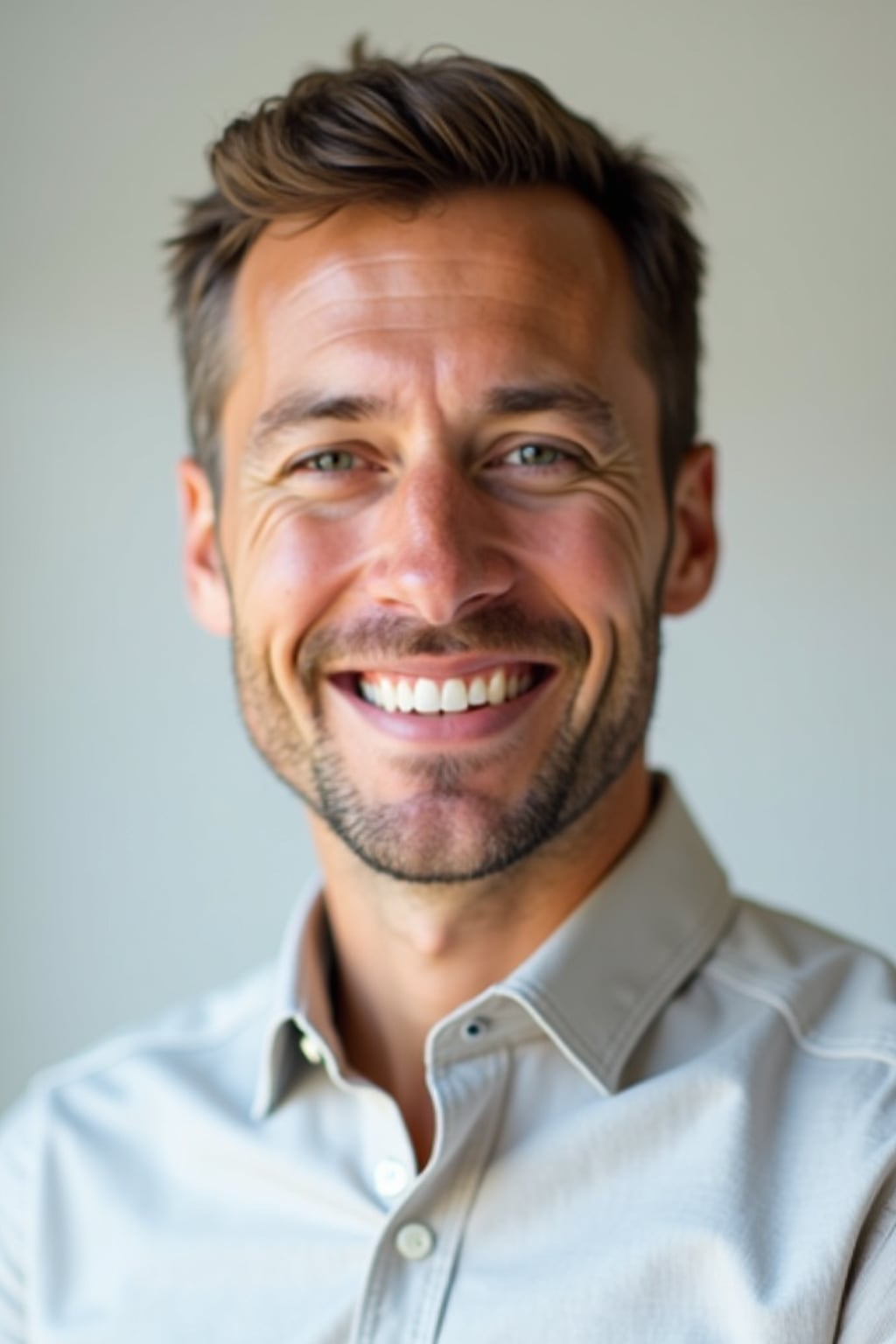 A professional life coach headshot of an inspiring man, taken in a well-lit studio with a plain backdrop. The man is dressed in  a neat, light-colored shirt with a motivational expression. The lighting is soft and even, highlighting their facial features with a warm and encouraging expression. The focus is sharp, capturing the man's eyes and uplifting smile, creating a perfect headshot for coaching practices and professional profiles.