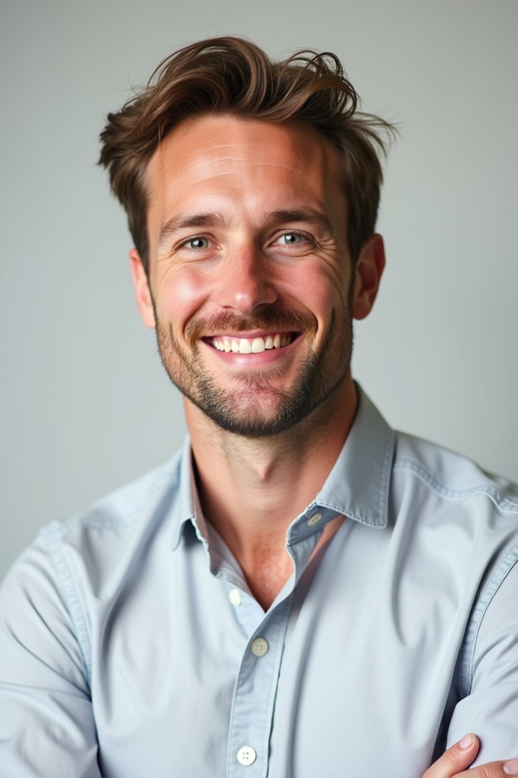 A professional life coach headshot of an inspiring man, taken in a well-lit studio with a plain backdrop. The man is dressed in  a neat, light-colored shirt with a motivational expression. The lighting is soft and even, highlighting their facial features with a warm and encouraging expression. The focus is sharp, capturing the man's eyes and uplifting smile, creating a perfect headshot for coaching practices and professional profiles.