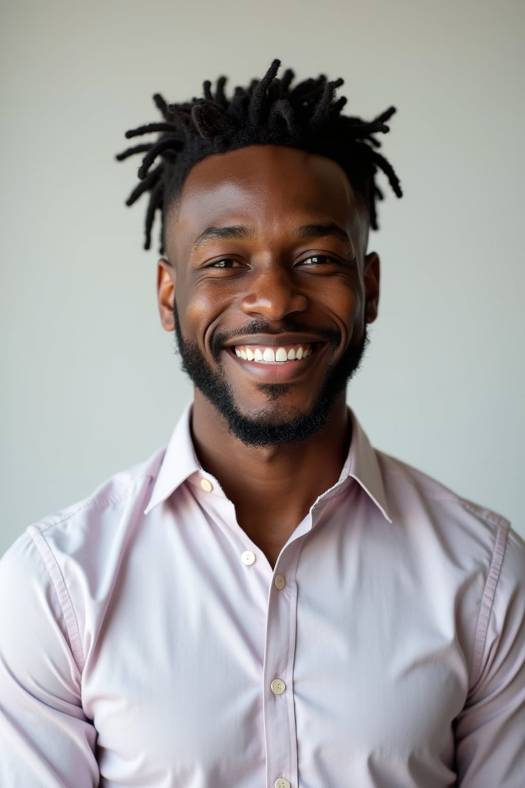A professional life coach headshot of an inspiring man, taken in a well-lit studio with a plain backdrop. The man is dressed in  a neat, light-colored shirt with a motivational expression. The lighting is soft and even, highlighting their facial features with a warm and encouraging expression. The focus is sharp, capturing the man's eyes and uplifting smile, creating a perfect headshot for coaching practices and professional profiles.