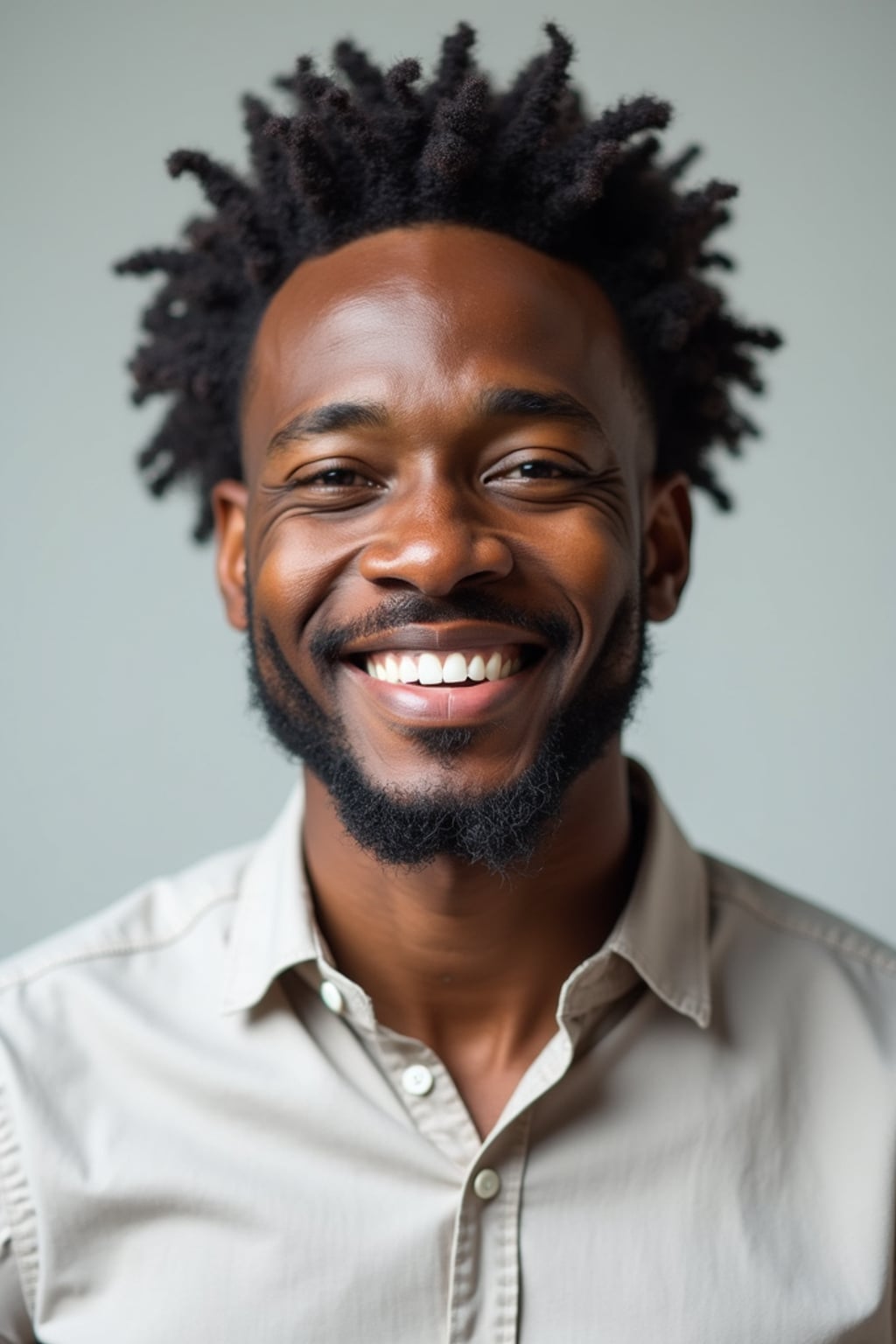 A professional life coach headshot of an inspiring man, taken in a well-lit studio with a plain backdrop. The man is dressed in  a neat, light-colored shirt with a motivational expression. The lighting is soft and even, highlighting their facial features with a warm and encouraging expression. The focus is sharp, capturing the man's eyes and uplifting smile, creating a perfect headshot for coaching practices and professional profiles.