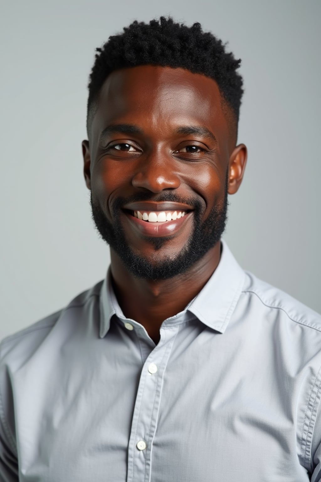 A professional life coach headshot of an inspiring man, taken in a well-lit studio with a plain backdrop. The man is dressed in  a neat, light-colored shirt with a motivational expression. The lighting is soft and even, highlighting their facial features with a warm and encouraging expression. The focus is sharp, capturing the man's eyes and uplifting smile, creating a perfect headshot for coaching practices and professional profiles.