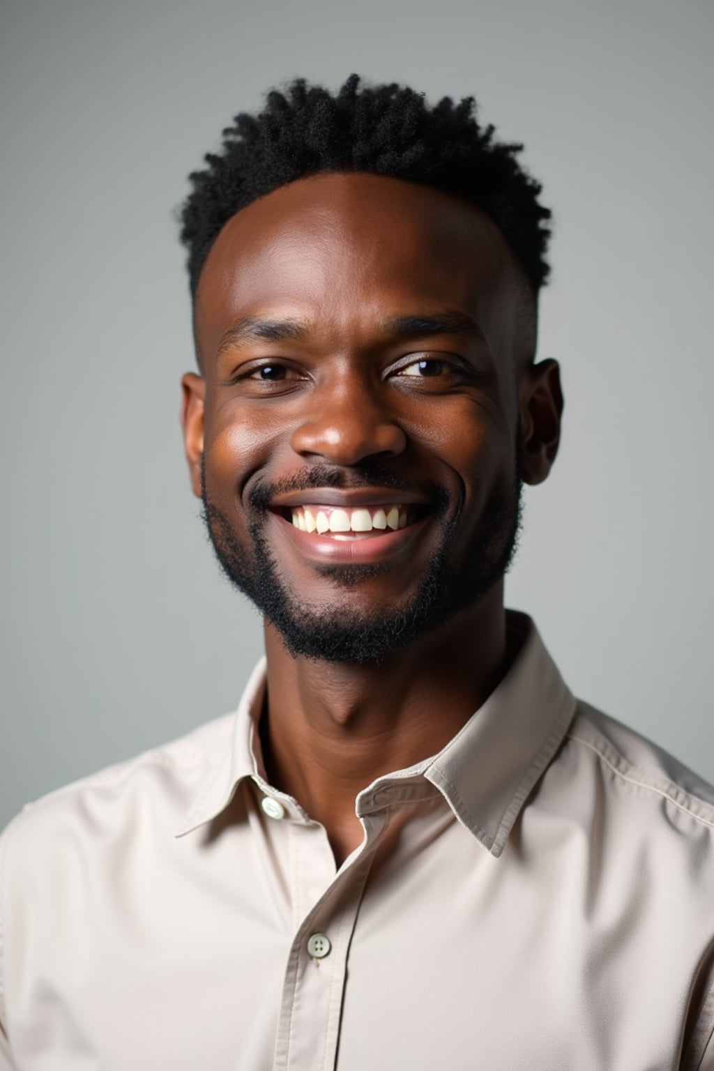 A professional life coach headshot of an inspiring man, taken in a well-lit studio with a plain backdrop. The man is dressed in  a neat, light-colored shirt with a motivational expression. The lighting is soft and even, highlighting their facial features with a warm and encouraging expression. The focus is sharp, capturing the man's eyes and uplifting smile, creating a perfect headshot for coaching practices and professional profiles.