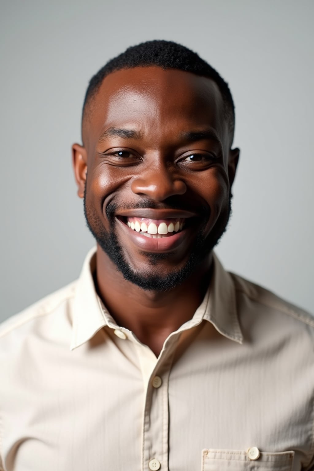 A professional life coach headshot of an inspiring man, taken in a well-lit studio with a plain backdrop. The man is dressed in  a neat, light-colored shirt with a motivational expression. The lighting is soft and even, highlighting their facial features with a warm and encouraging expression. The focus is sharp, capturing the man's eyes and uplifting smile, creating a perfect headshot for coaching practices and professional profiles.