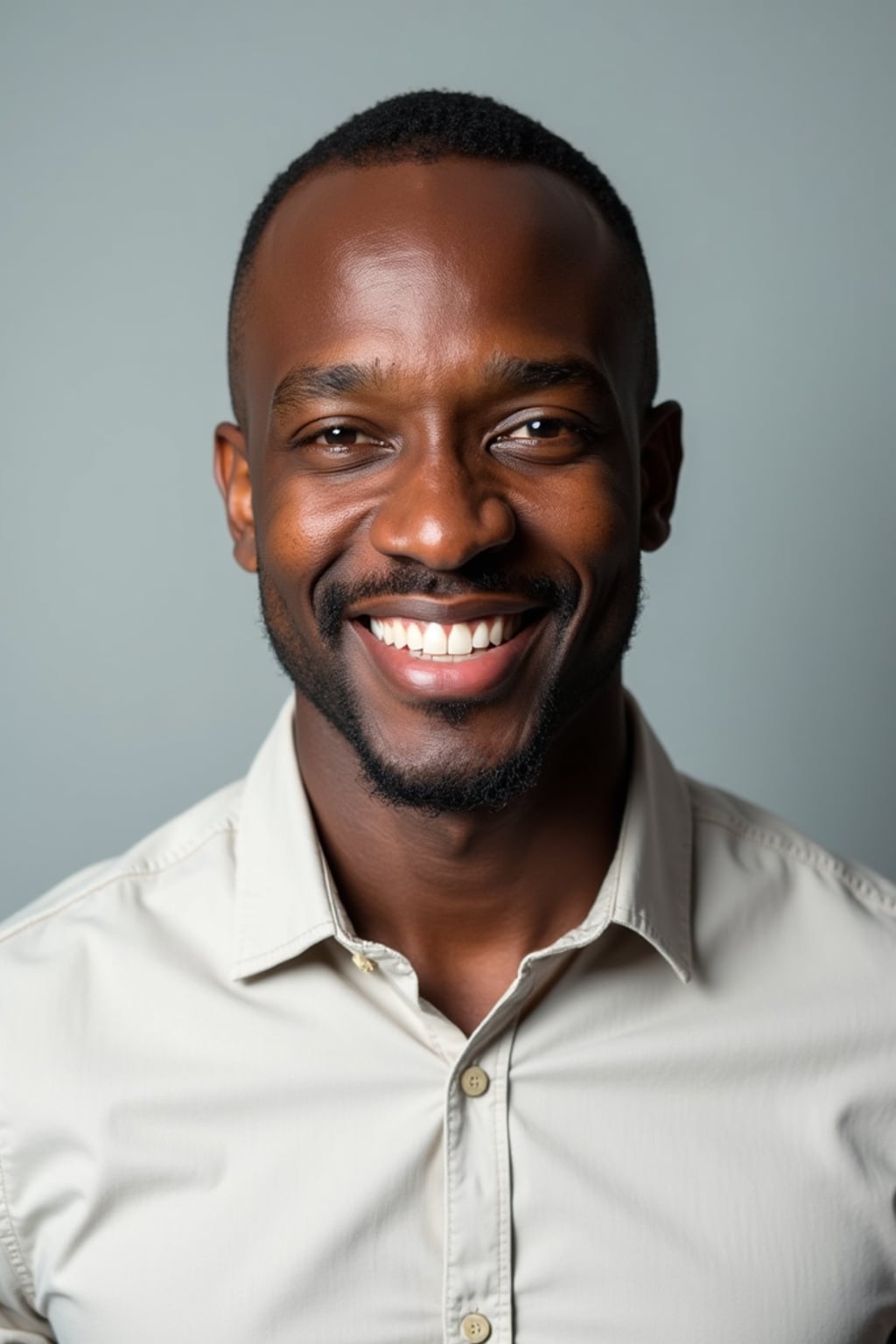 A professional life coach headshot of an inspiring man, taken in a well-lit studio with a plain backdrop. The man is dressed in  a neat, light-colored shirt with a motivational expression. The lighting is soft and even, highlighting their facial features with a warm and encouraging expression. The focus is sharp, capturing the man's eyes and uplifting smile, creating a perfect headshot for coaching practices and professional profiles.