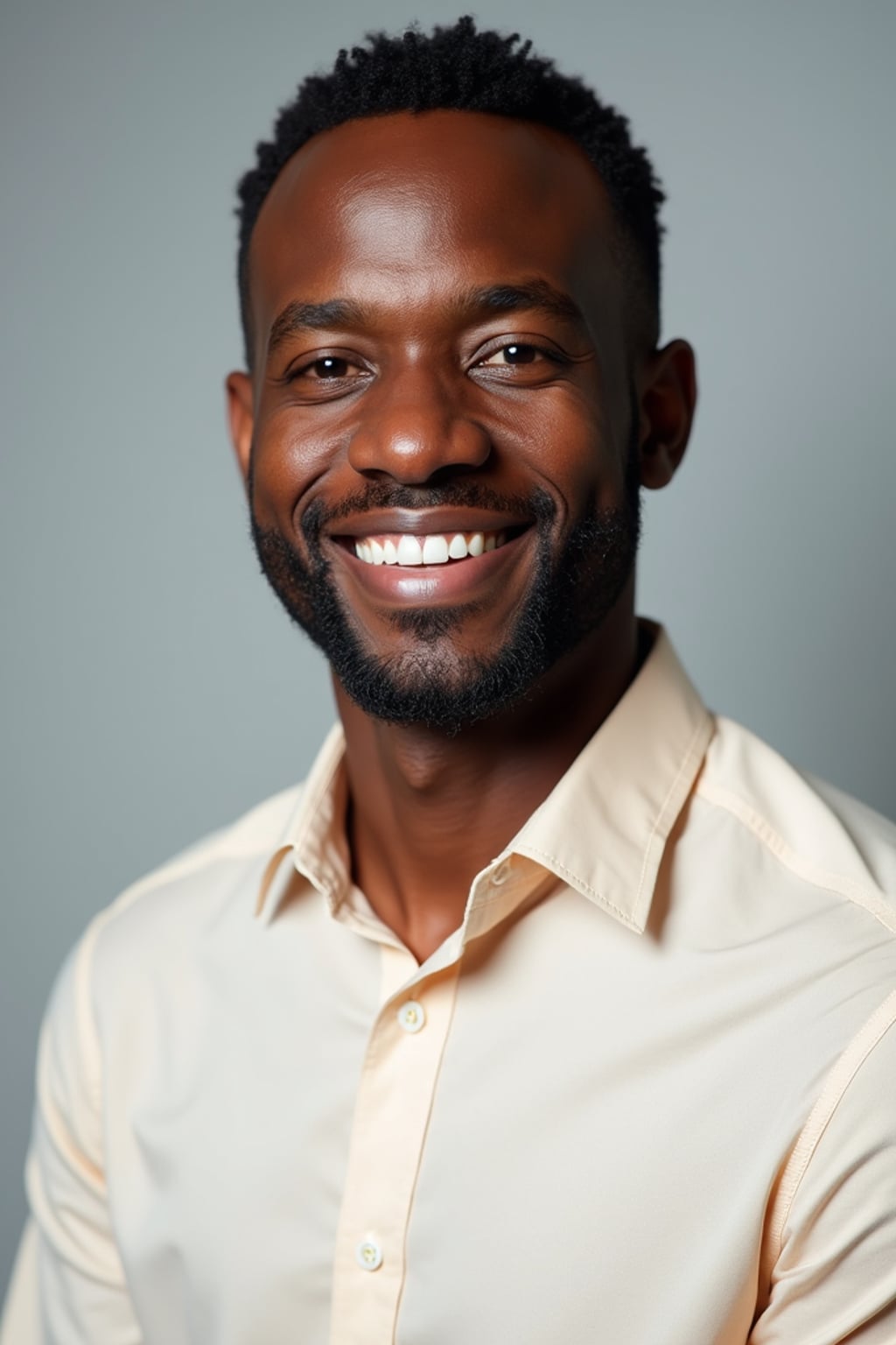A professional life coach headshot of an inspiring man, taken in a well-lit studio with a plain backdrop. The man is dressed in  a neat, light-colored shirt with a motivational expression. The lighting is soft and even, highlighting their facial features with a warm and encouraging expression. The focus is sharp, capturing the man's eyes and uplifting smile, creating a perfect headshot for coaching practices and professional profiles.