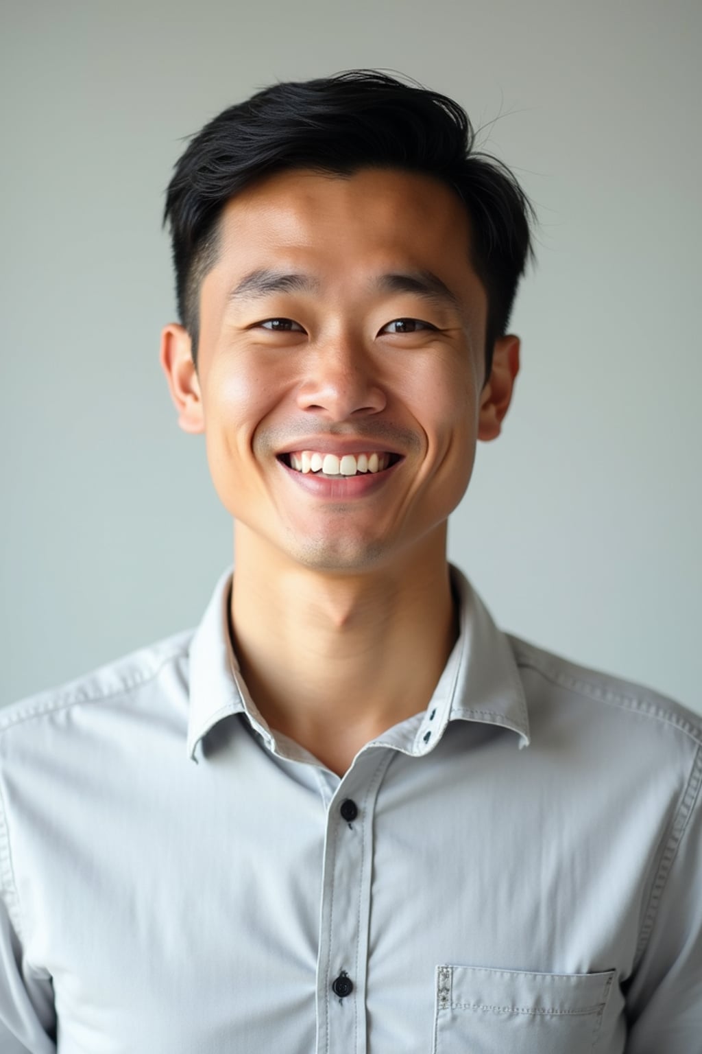 A professional life coach headshot of an inspiring man, taken in a well-lit studio with a plain backdrop. The man is dressed in  a neat, light-colored shirt with a motivational expression. The lighting is soft and even, highlighting their facial features with a warm and encouraging expression. The focus is sharp, capturing the man's eyes and uplifting smile, creating a perfect headshot for coaching practices and professional profiles.