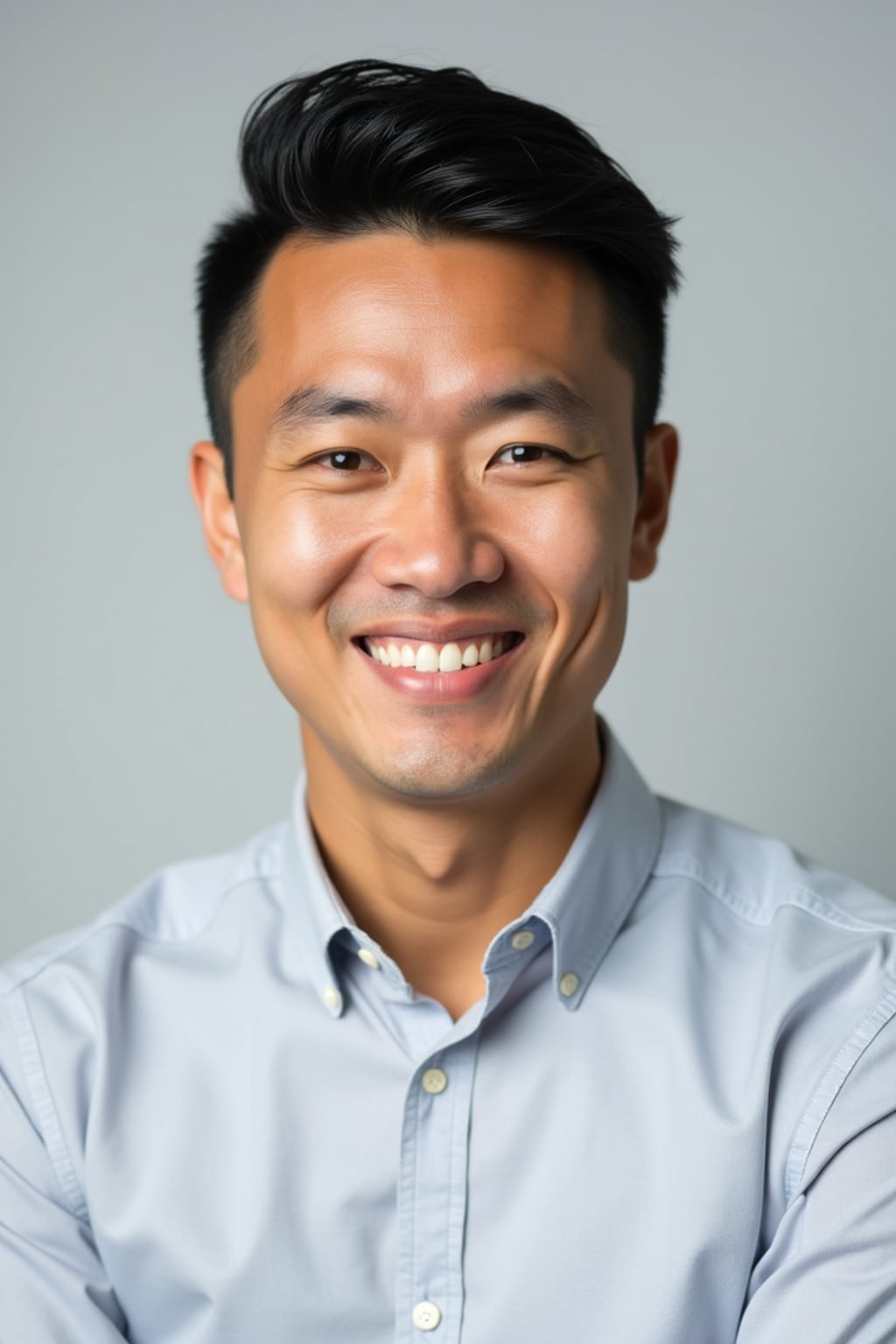 A professional life coach headshot of an inspiring man, taken in a well-lit studio with a plain backdrop. The man is dressed in  a neat, light-colored shirt with a motivational expression. The lighting is soft and even, highlighting their facial features with a warm and encouraging expression. The focus is sharp, capturing the man's eyes and uplifting smile, creating a perfect headshot for coaching practices and professional profiles.
