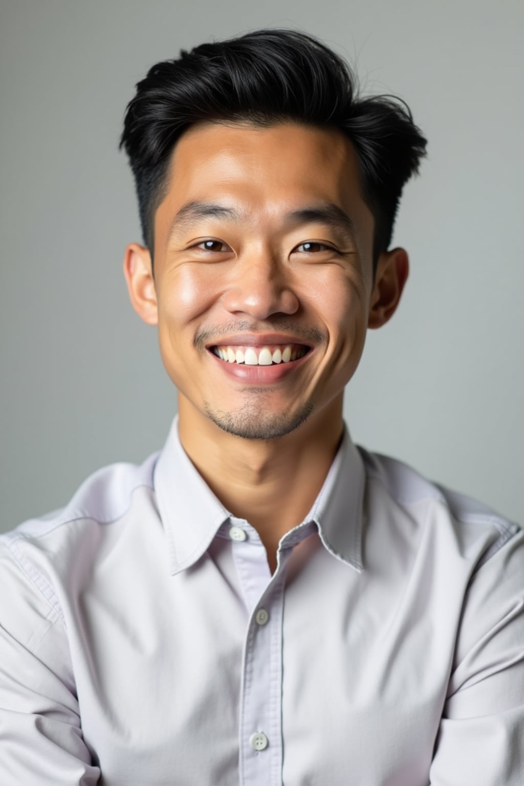 A professional life coach headshot of an inspiring man, taken in a well-lit studio with a plain backdrop. The man is dressed in  a neat, light-colored shirt with a motivational expression. The lighting is soft and even, highlighting their facial features with a warm and encouraging expression. The focus is sharp, capturing the man's eyes and uplifting smile, creating a perfect headshot for coaching practices and professional profiles.