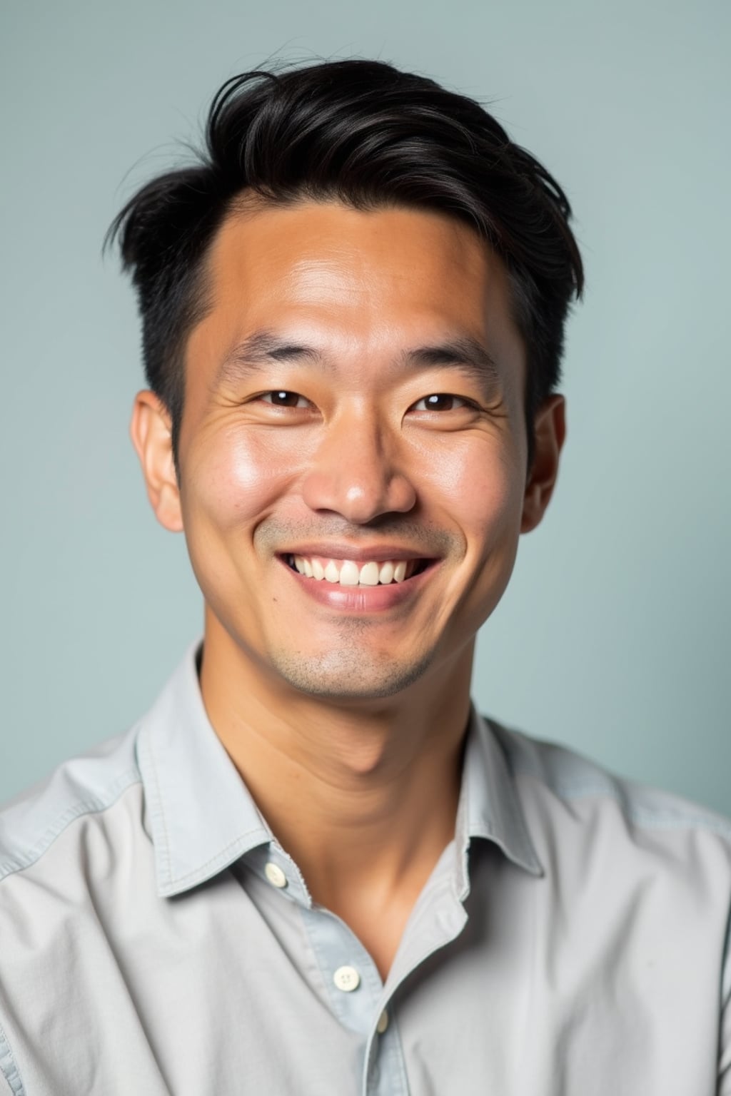 A professional life coach headshot of an inspiring man, taken in a well-lit studio with a plain backdrop. The man is dressed in  a neat, light-colored shirt with a motivational expression. The lighting is soft and even, highlighting their facial features with a warm and encouraging expression. The focus is sharp, capturing the man's eyes and uplifting smile, creating a perfect headshot for coaching practices and professional profiles.
