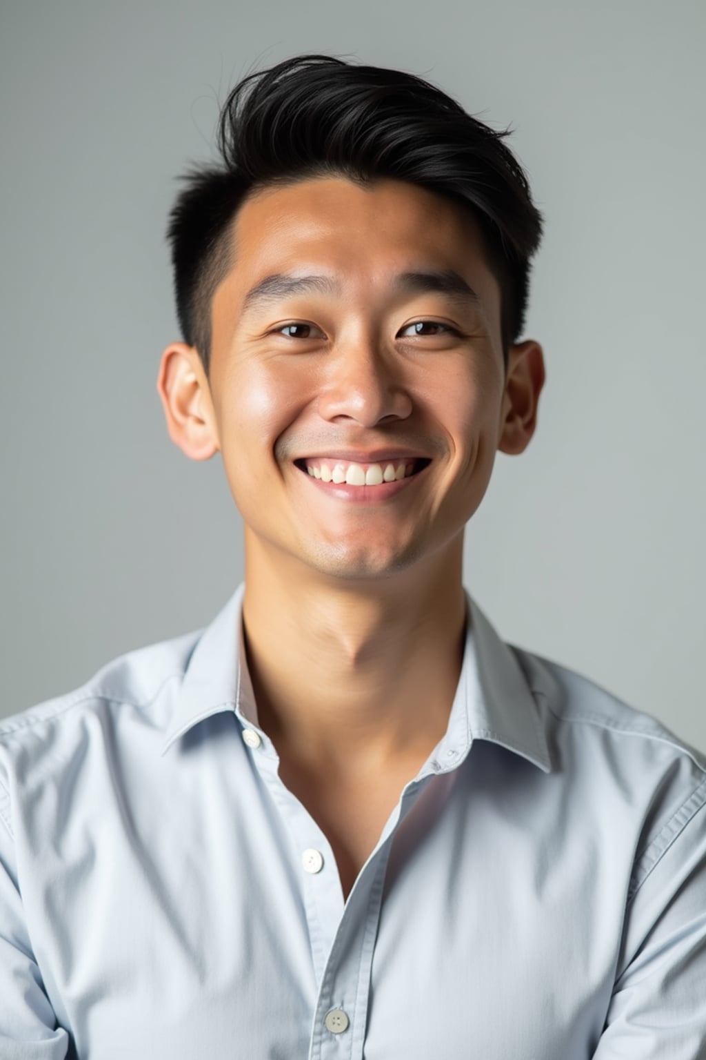 A professional life coach headshot of an inspiring man, taken in a well-lit studio with a plain backdrop. The man is dressed in  a neat, light-colored shirt with a motivational expression. The lighting is soft and even, highlighting their facial features with a warm and encouraging expression. The focus is sharp, capturing the man's eyes and uplifting smile, creating a perfect headshot for coaching practices and professional profiles.