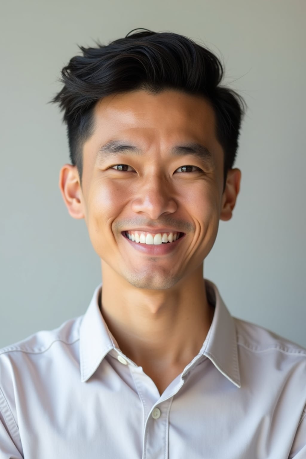 A professional life coach headshot of an inspiring man, taken in a well-lit studio with a plain backdrop. The man is dressed in  a neat, light-colored shirt with a motivational expression. The lighting is soft and even, highlighting their facial features with a warm and encouraging expression. The focus is sharp, capturing the man's eyes and uplifting smile, creating a perfect headshot for coaching practices and professional profiles.