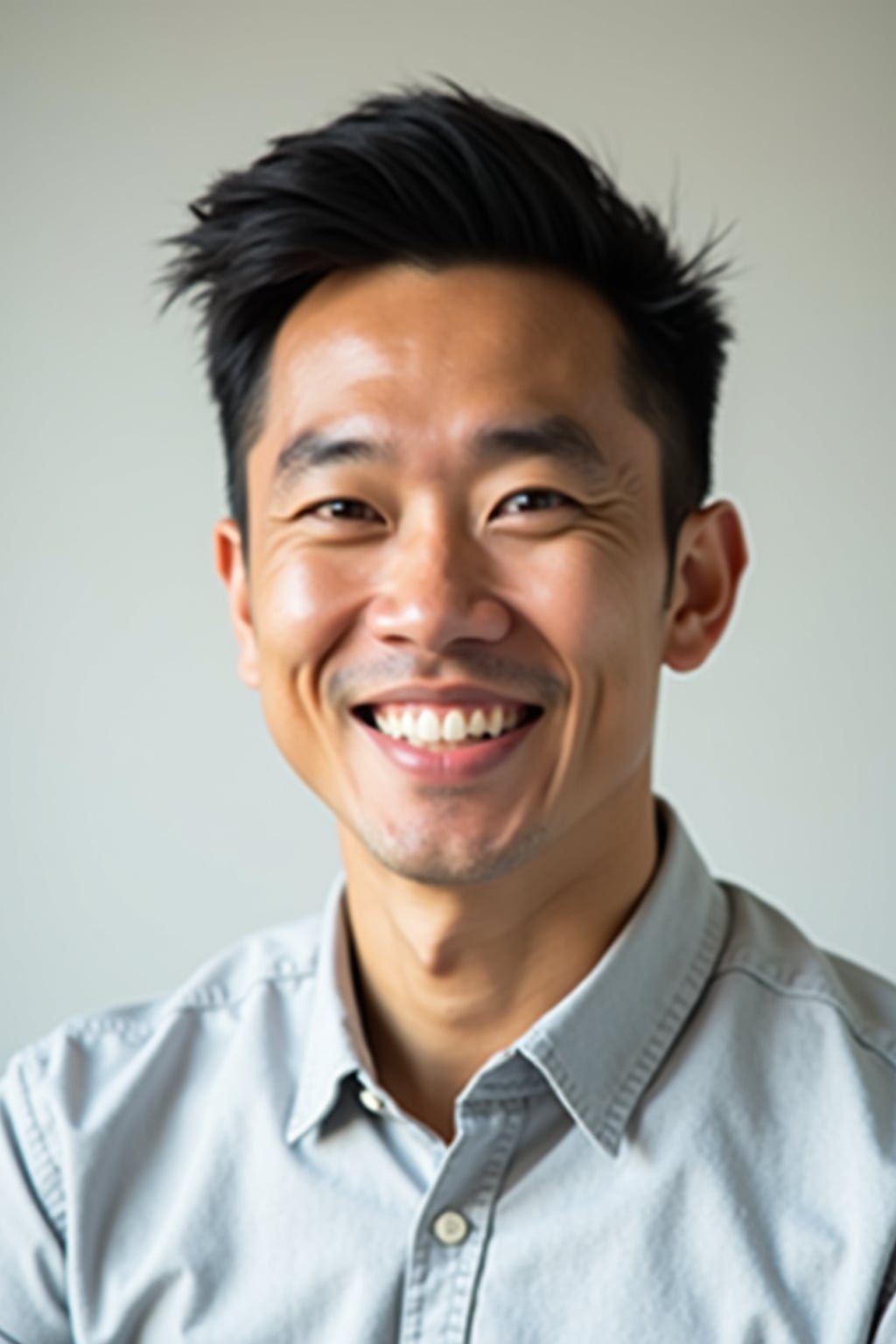 A professional life coach headshot of an inspiring man, taken in a well-lit studio with a plain backdrop. The man is dressed in  a neat, light-colored shirt with a motivational expression. The lighting is soft and even, highlighting their facial features with a warm and encouraging expression. The focus is sharp, capturing the man's eyes and uplifting smile, creating a perfect headshot for coaching practices and professional profiles.