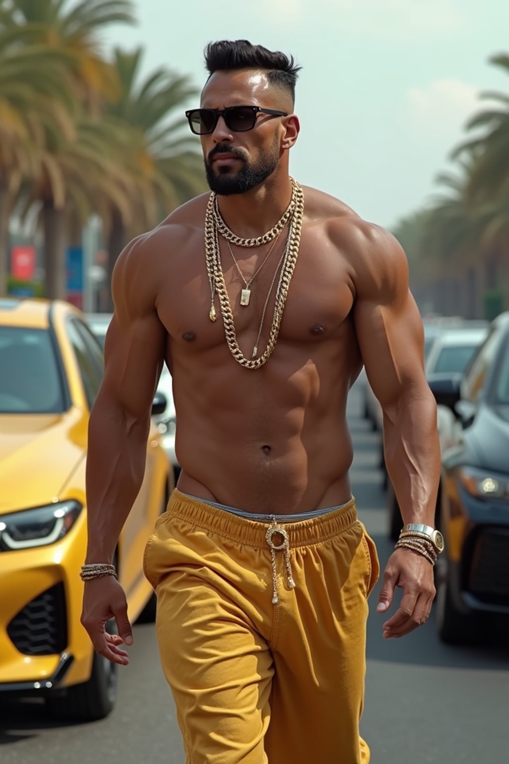 super muscular man wearing gold chains and sunglasses walking past luxury cars in slow motion