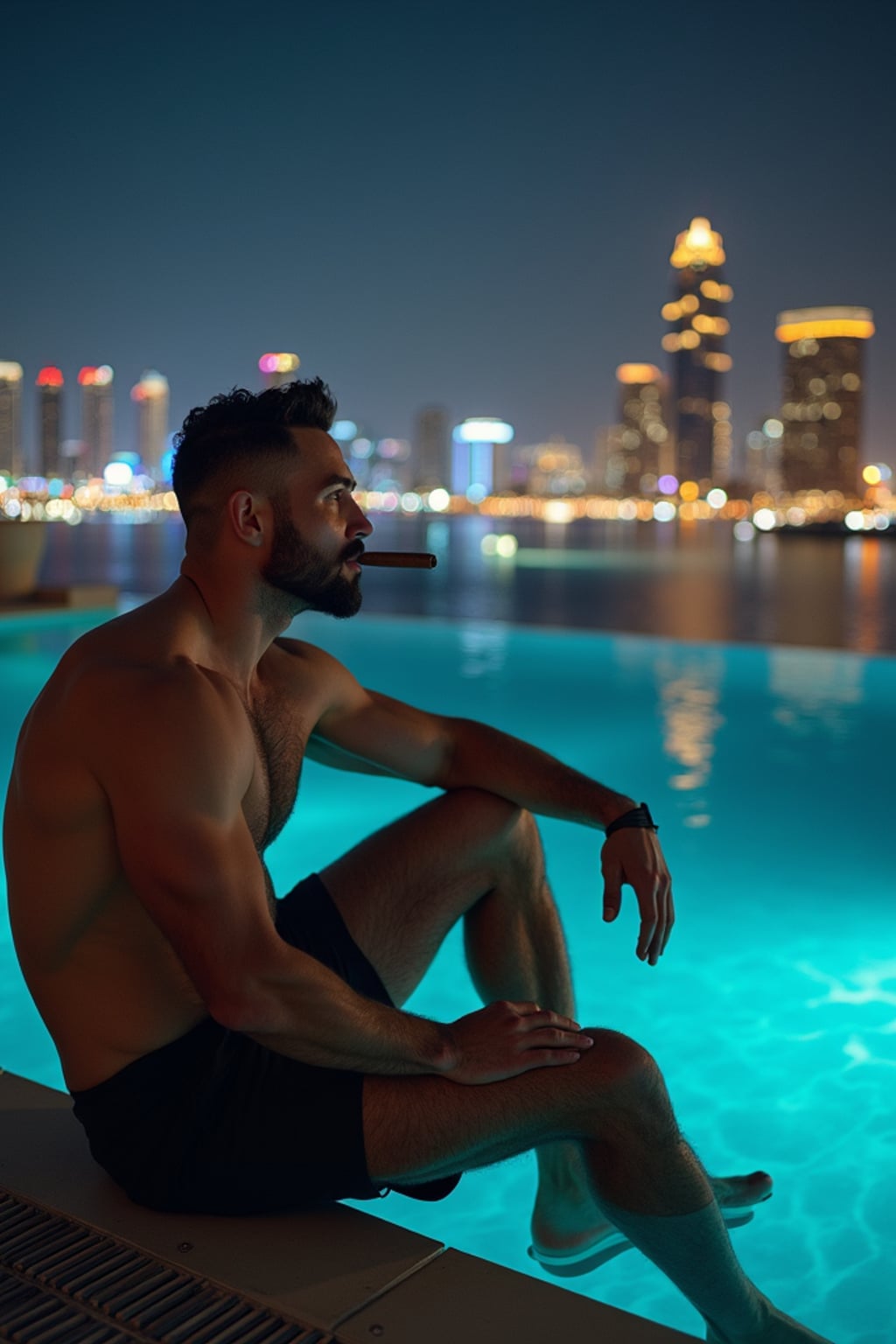 super muscular man sitting by an infinity pool at night in Dubai, smoking a cigar, city skyline behind him