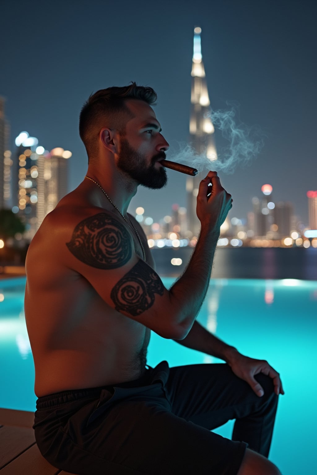 super muscular man sitting by an infinity pool at night in Dubai, smoking a cigar, city skyline behind him