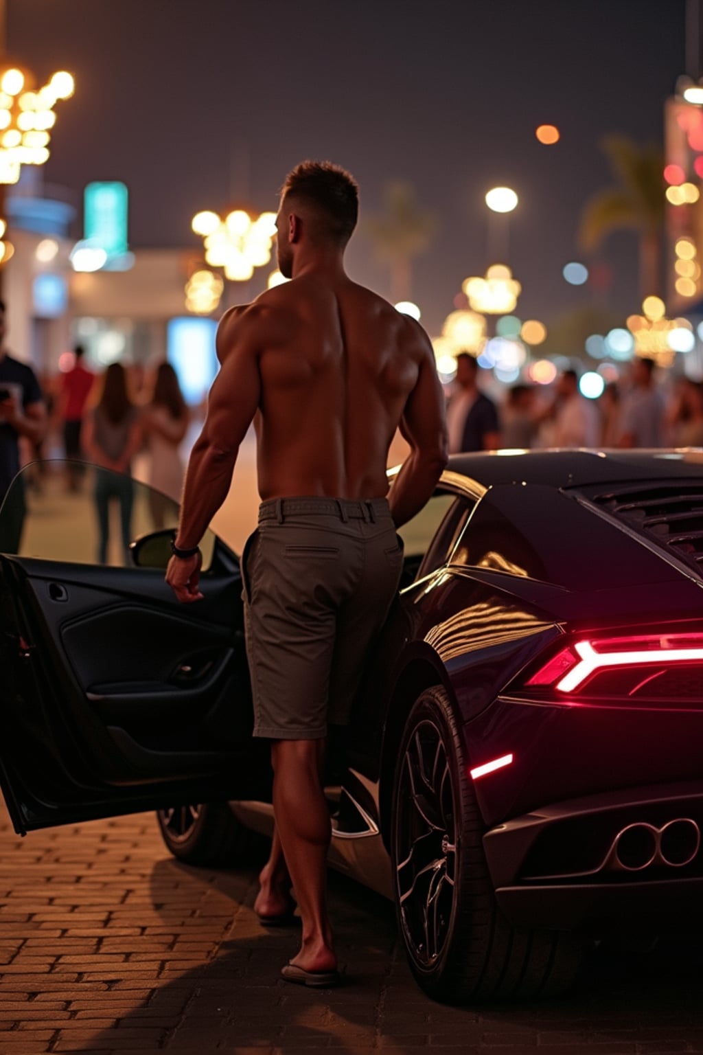 super muscular man stepping out of a Lamborghini at night in front of a Dubai nightclub, paparazzi flashing
