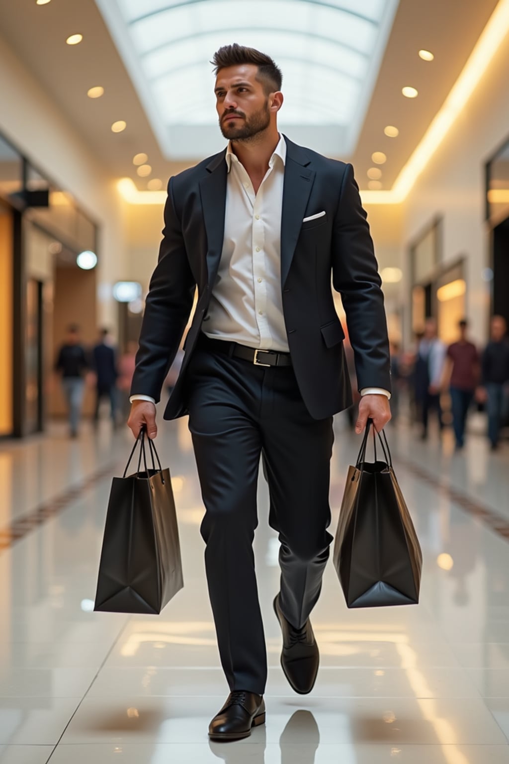 super muscular man walking through a luxury mall in Dubai in designer clothes, holding shopping bags and looking confident