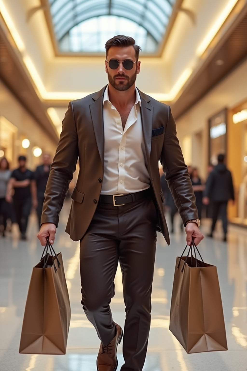 super muscular man walking through a luxury mall in Dubai in designer clothes, holding shopping bags and looking confident