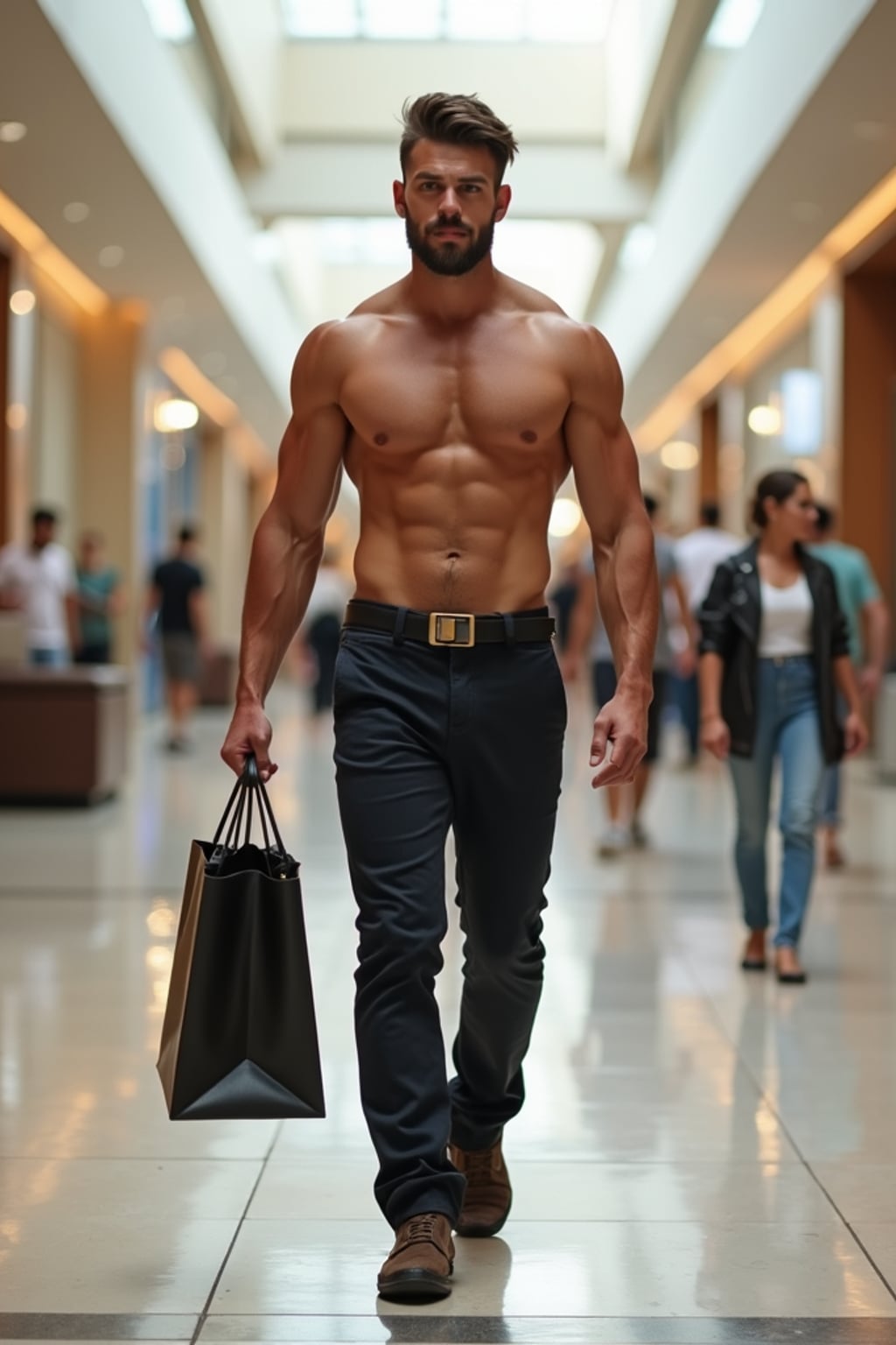 super muscular man walking through a luxury mall in Dubai in designer clothes, holding shopping bags and looking confident